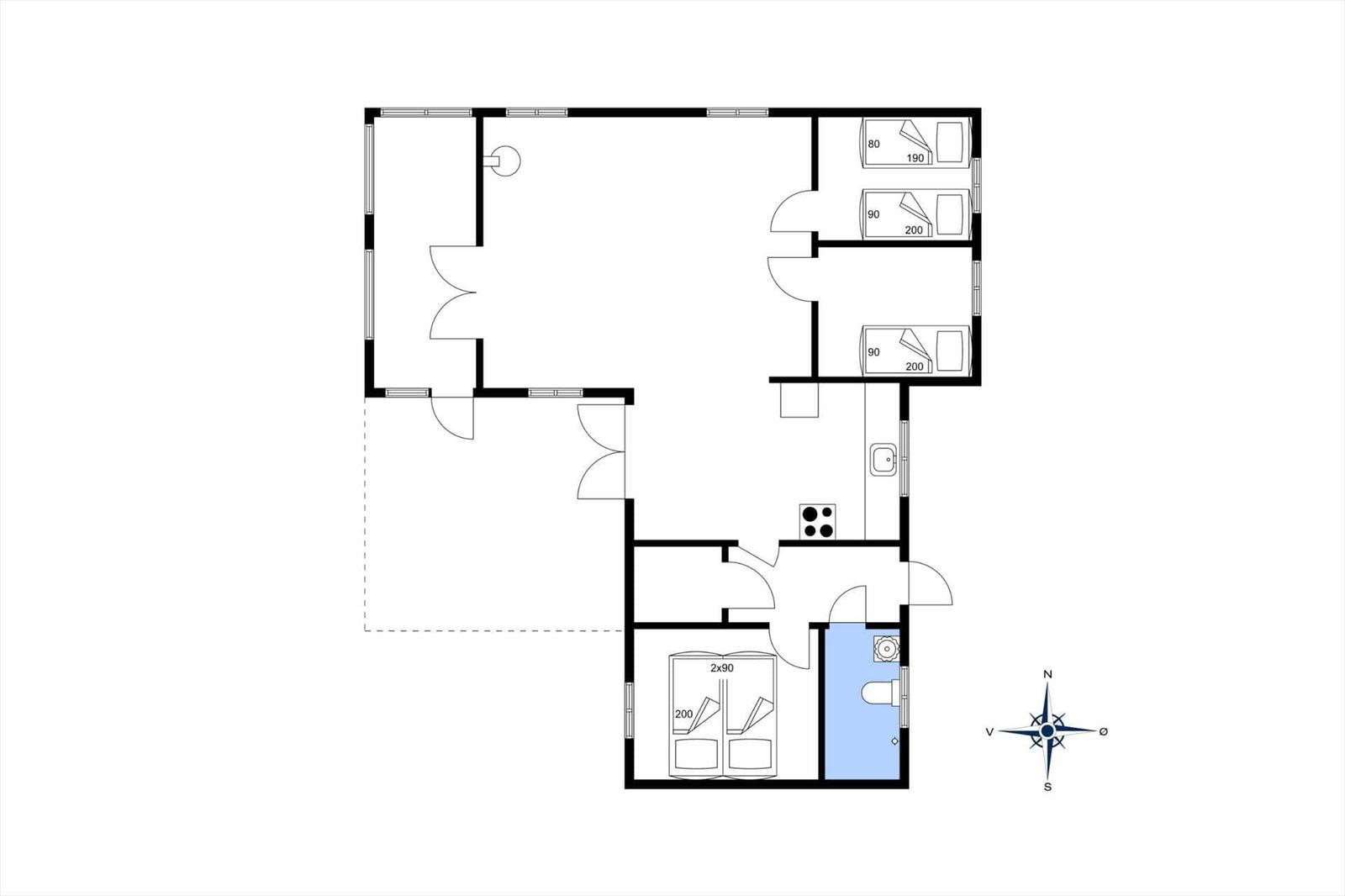 Wohnung mit drei Schlafzimmern, Küche und Bad. Grundriss mit Orientierung.