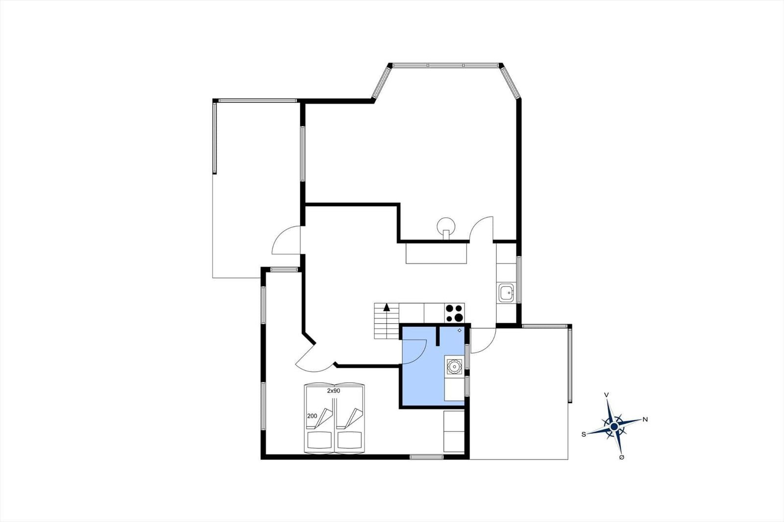Wohnung Grundriss mit Küche, Bad und Schlafzimmer