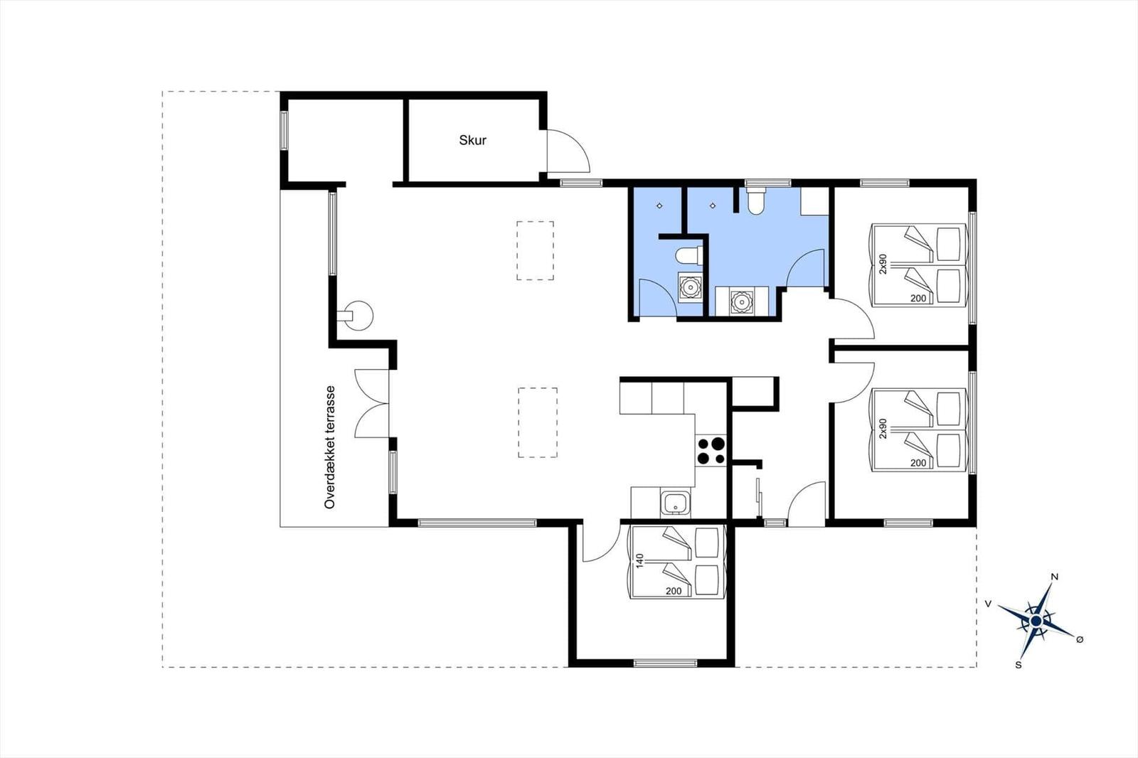 Wohnung mit drei Schlafzimmern, Küche, Bad und überdachter Terrasse.
