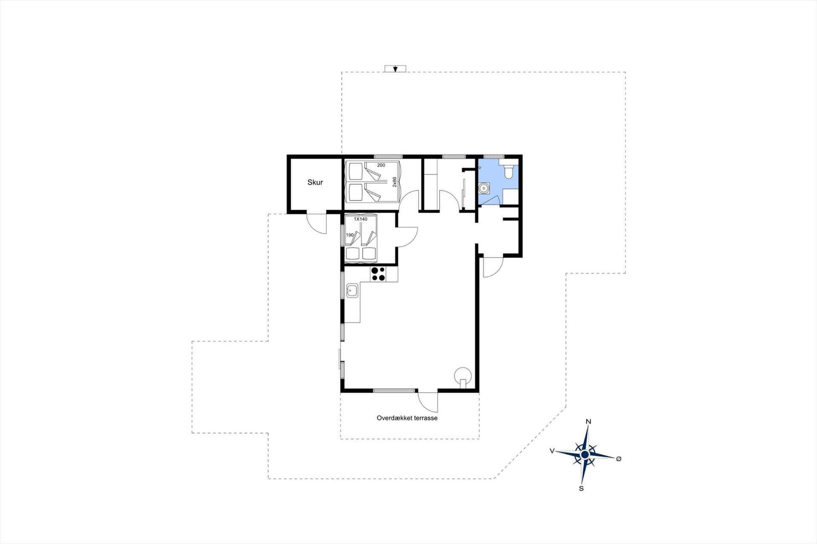 Dies ist das Grundrissbild einer Wohnung mit Küche, Schlafzimmer, Bad und überdachter Terrasse.
