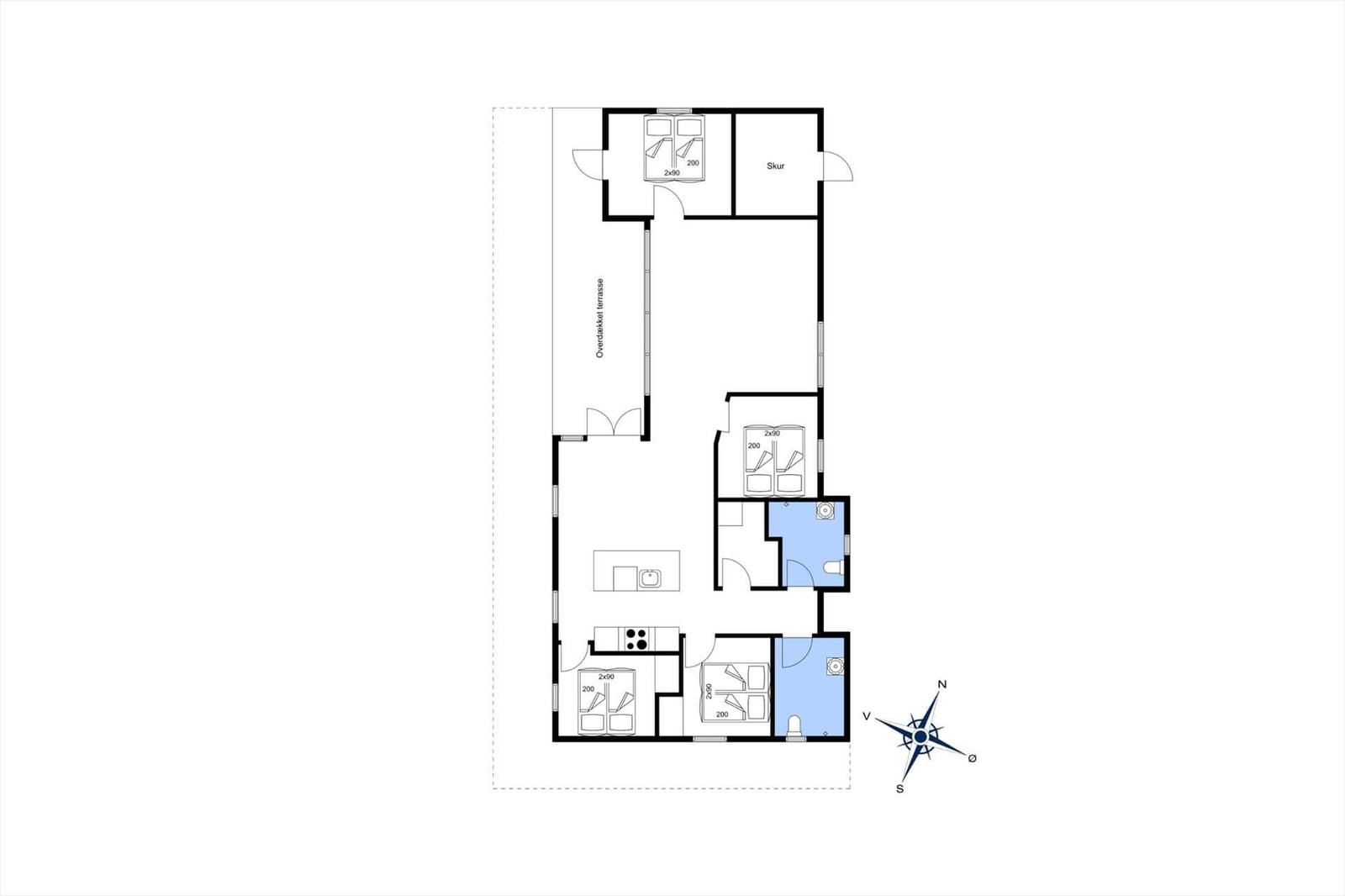 Wohnung mit drei Schlafzimmern, Küche, Bad und überdachter Terrasse.