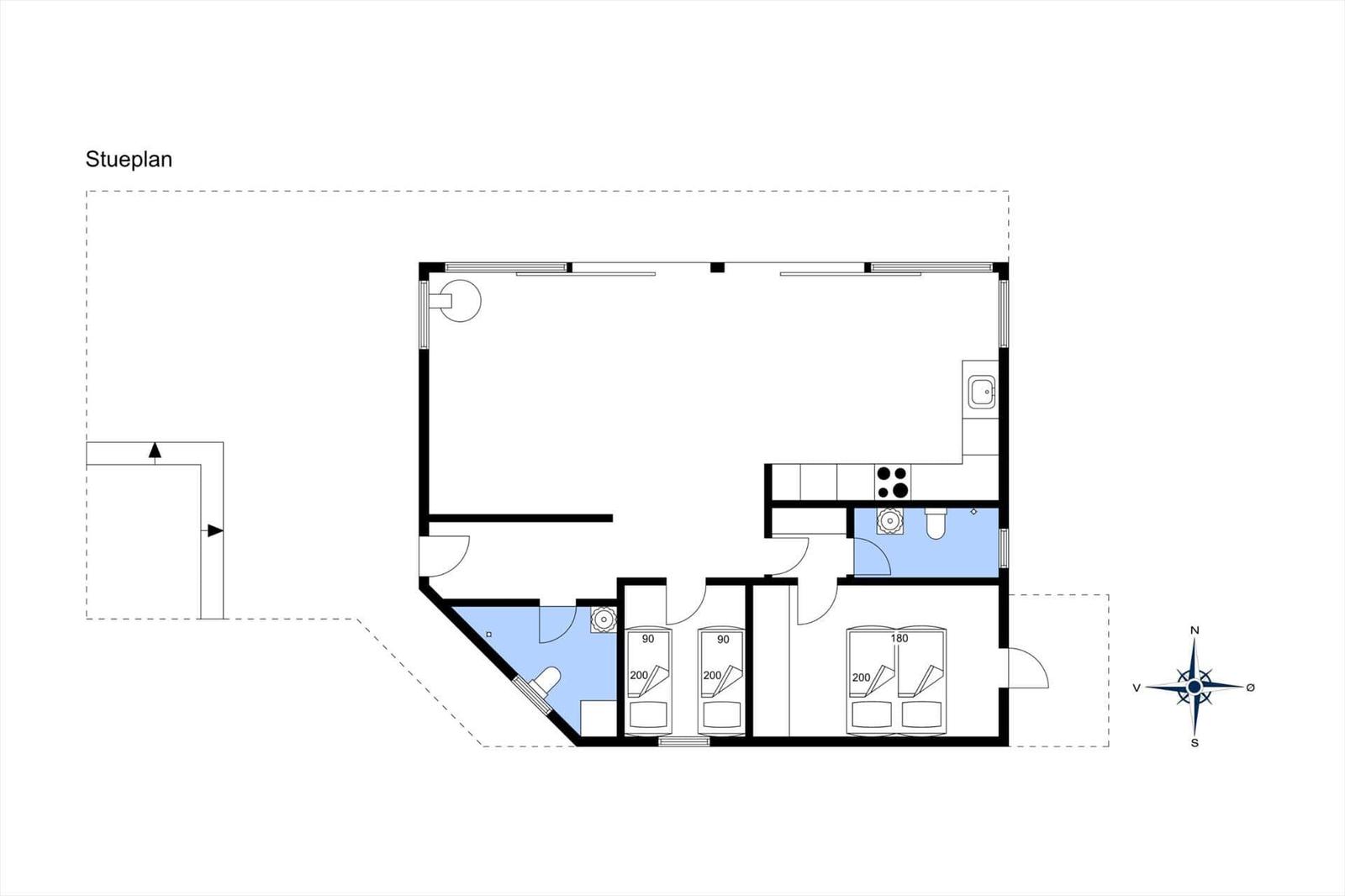 Stueplan zeigt Wohn- und Schlafzimmer mit Küche und Bad.