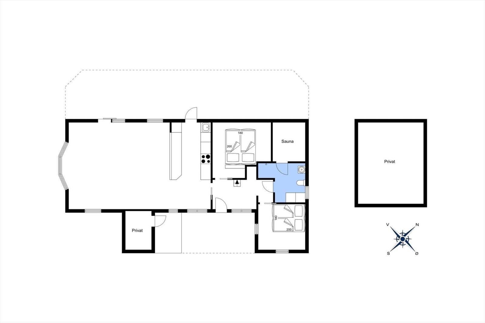 Wohnung mit Küche, Sauna und zwei Schlafzimmern. Privater Bereich vorhanden.