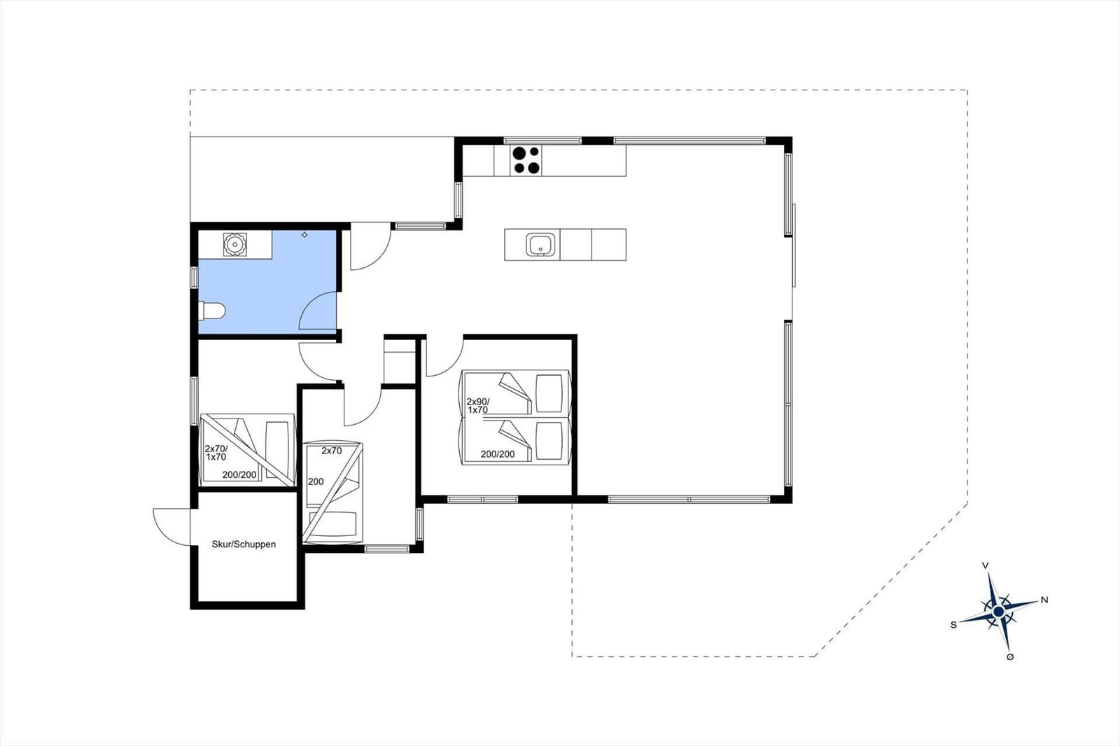 Wohnung mit Küche, Bad, zwei Schlafzimmern und Waschküche.