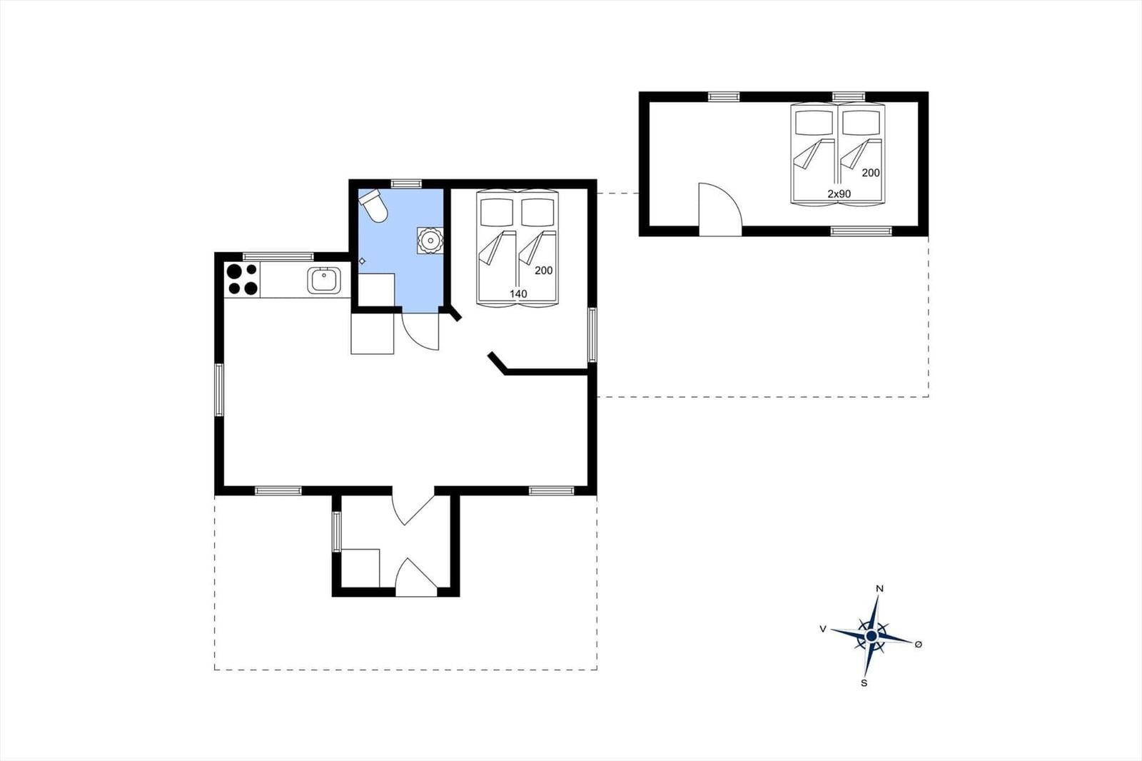 Wohnung mit Küche, Bad und zwei Schlafzimmern. Eine Zimmer mit 2x90 cm Betten, das andere mit 140 cm Bett.