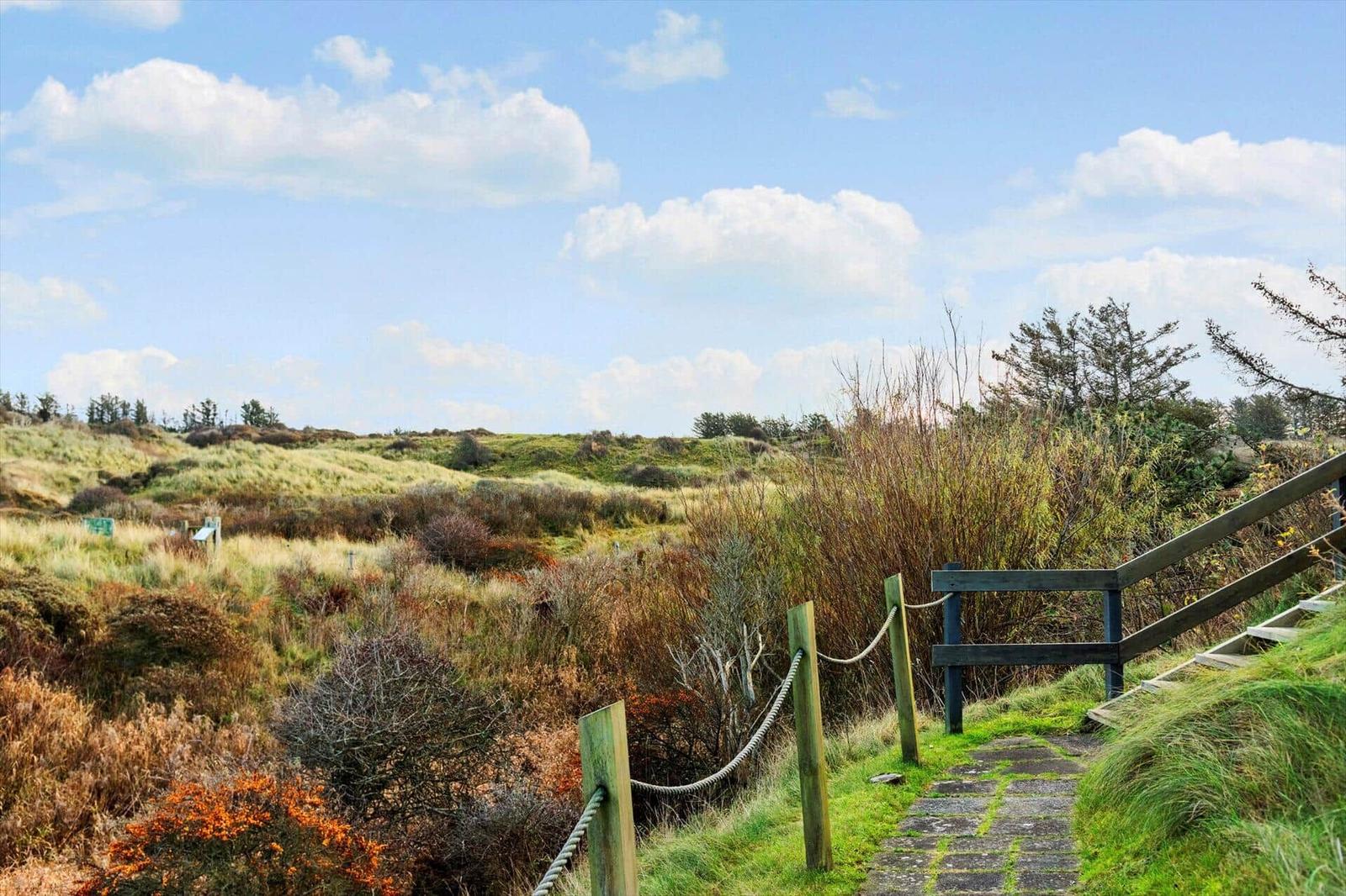 Path with wooden railing leads through green hillside under blue sky with white clouds.