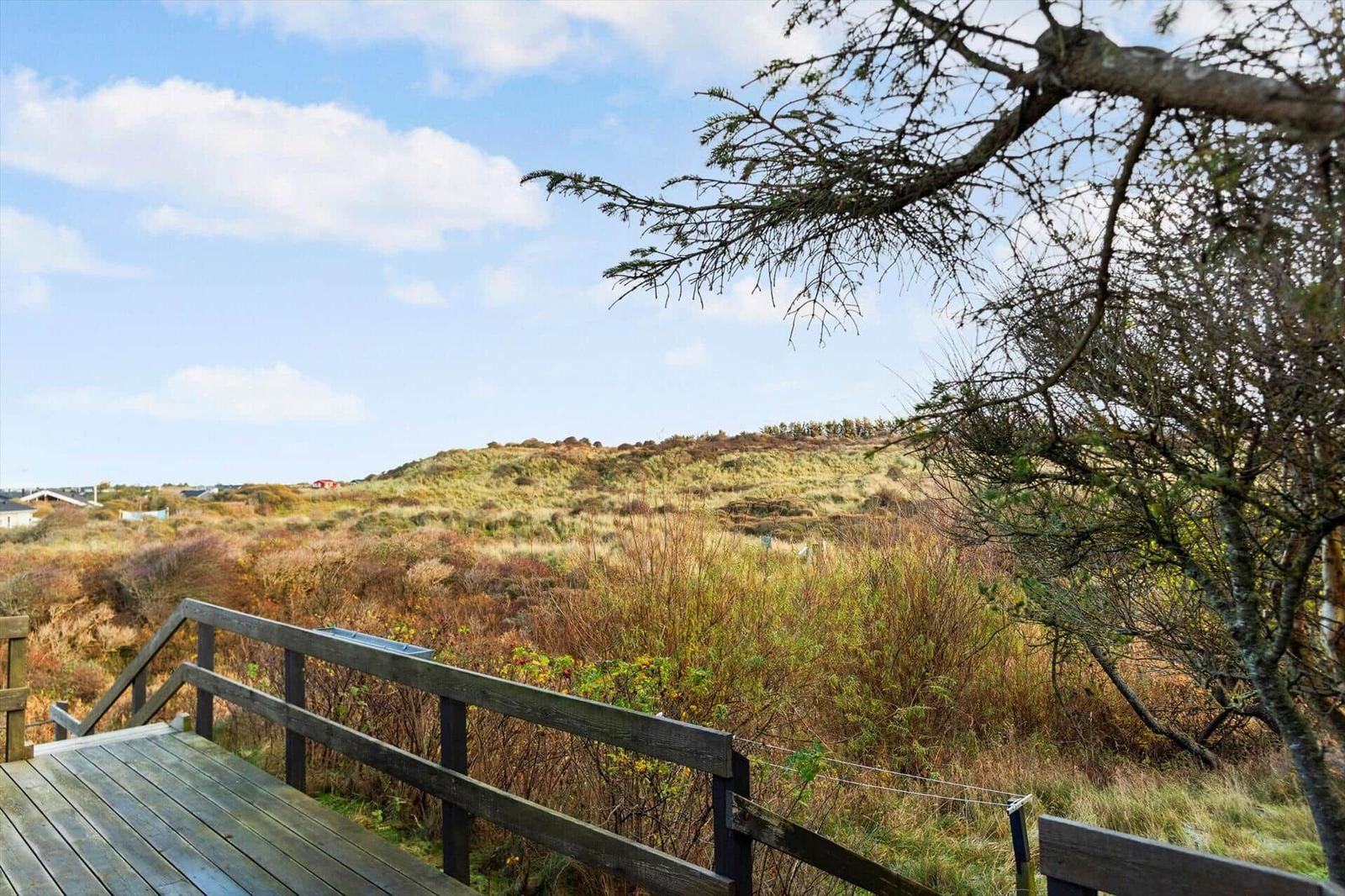 Wooden terrace with view of grassy hills and a tree in the foreground.