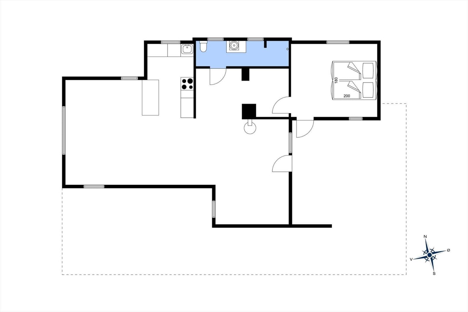 Apartment with kitchen, bathroom, and bedroom. Room layout with compass.