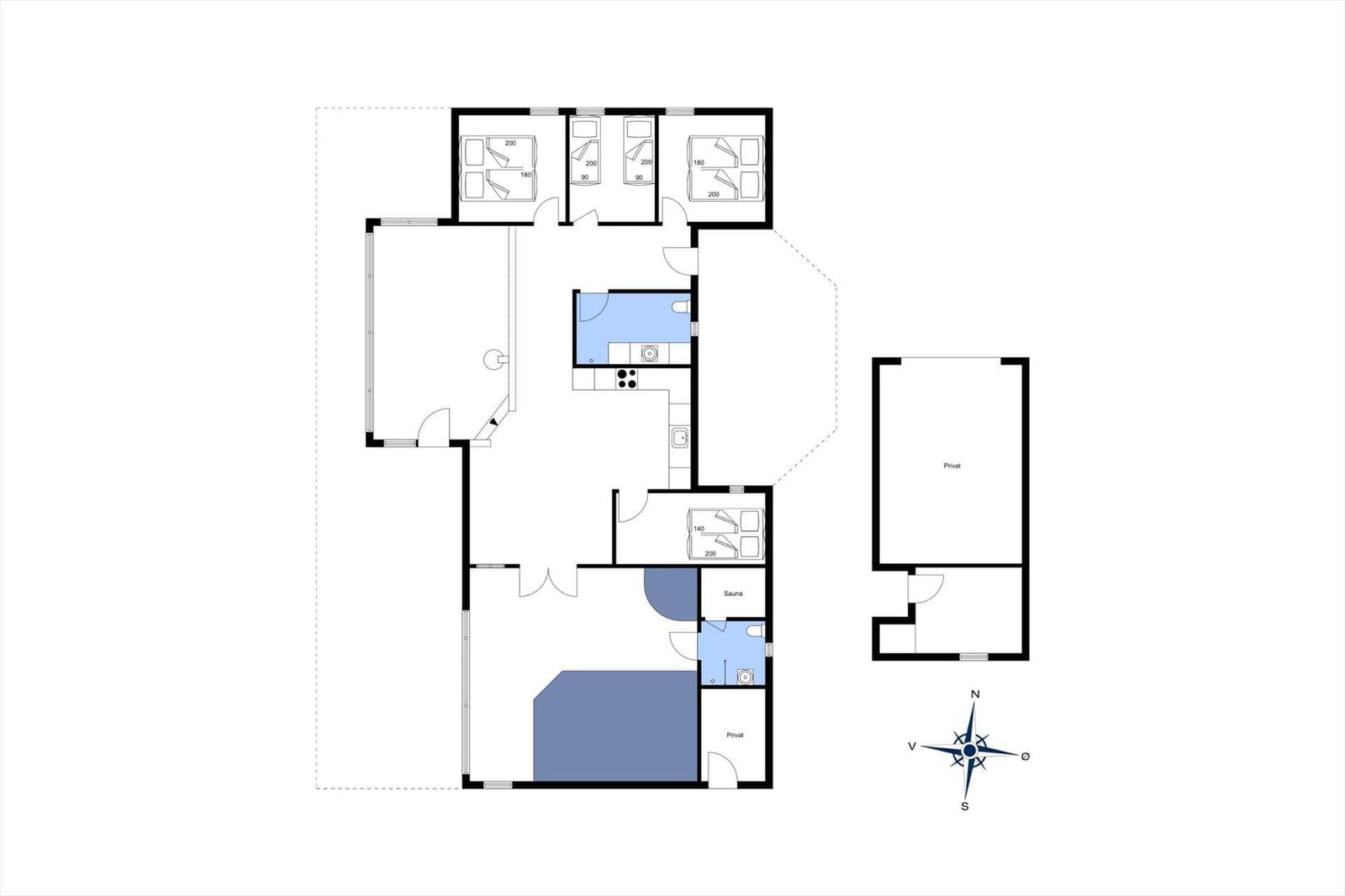 Dieses Haus hat drei Schlafzimmer, eine Küche, eine Sauna und einen privaten Raum.