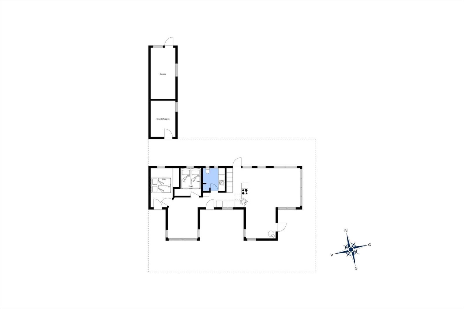 Floor plan with garage, bedrooms, kitchen, and bathroom.