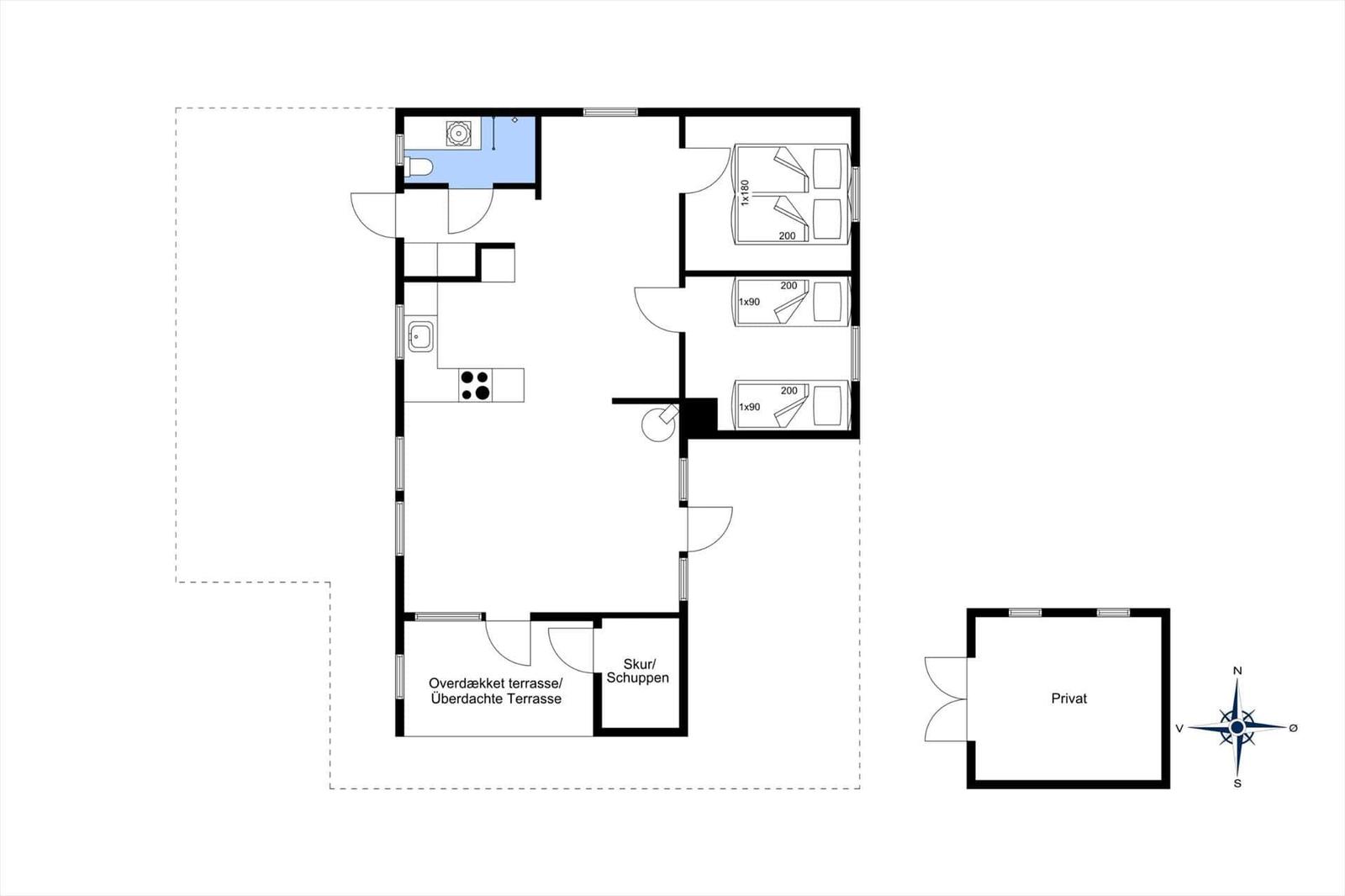 Wohnung mit drei Schlafzimmern, Küche, Bad und überdachter Terrasse.