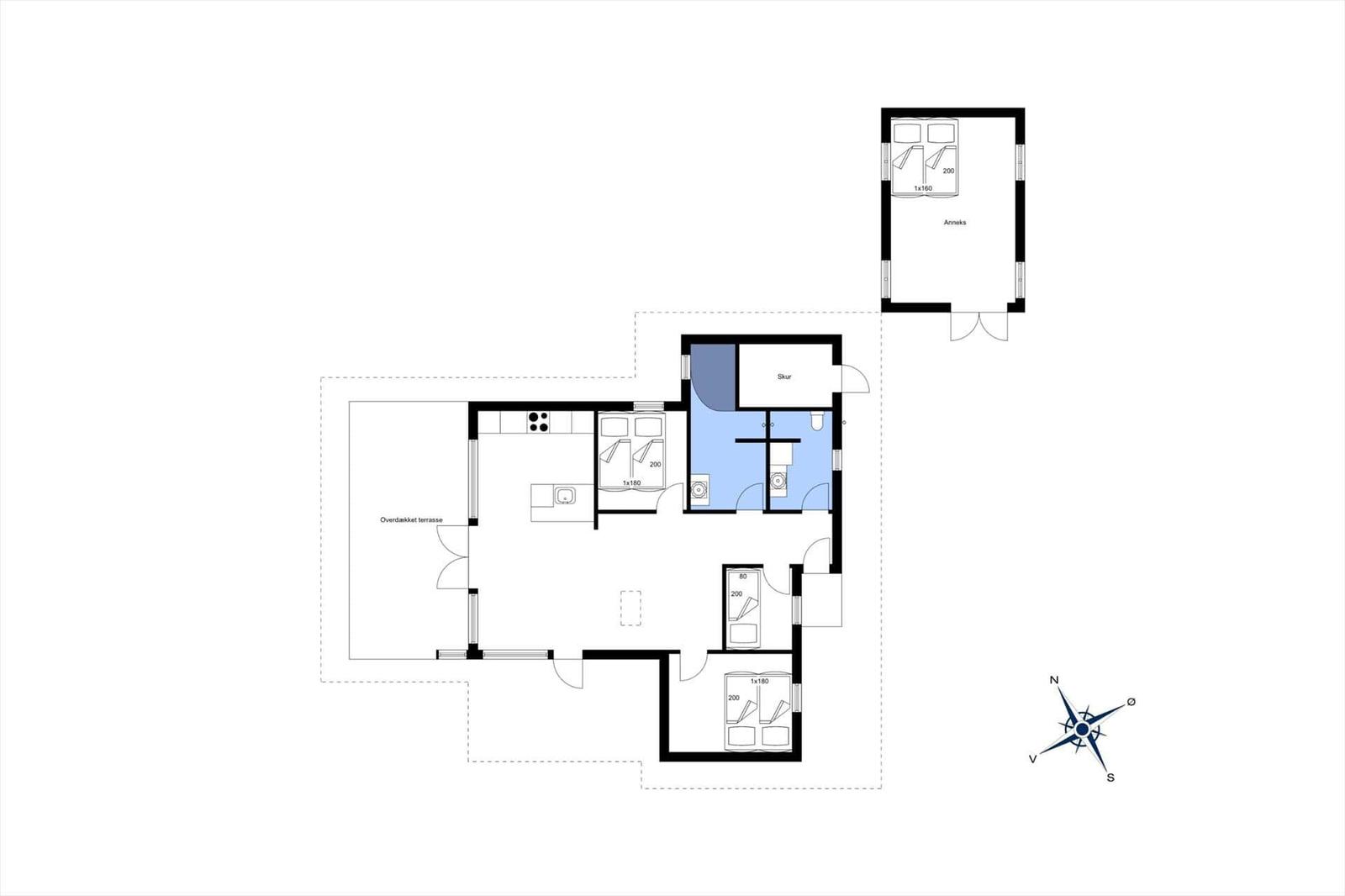 Funktionaler Grundriss mit Küche, Schlafzimmer und überdachter Terrasse.