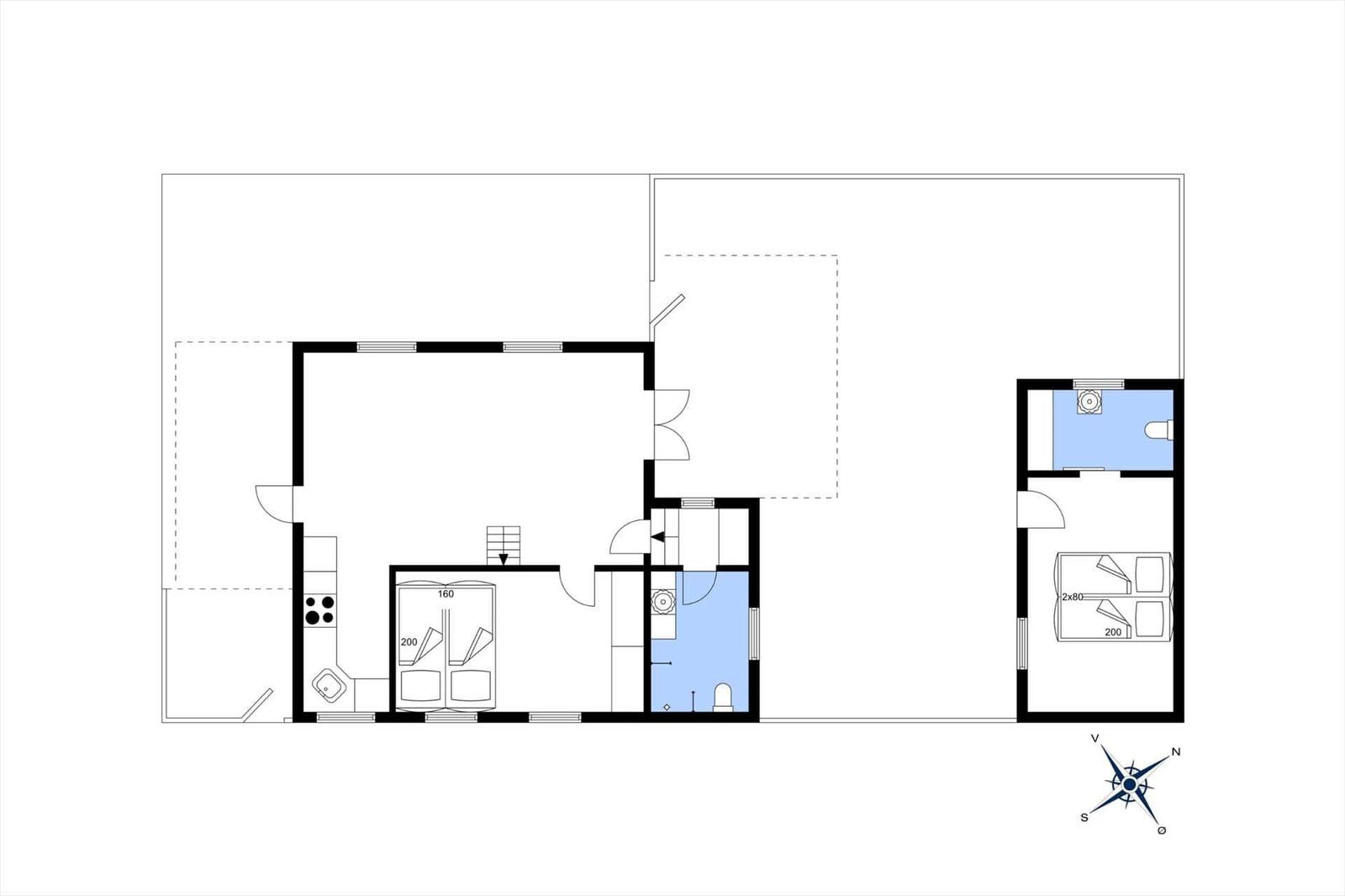 Wohnung mit Küche, Bad, Schlafzimmer und Toilette. Raumübersicht mit Maßen.