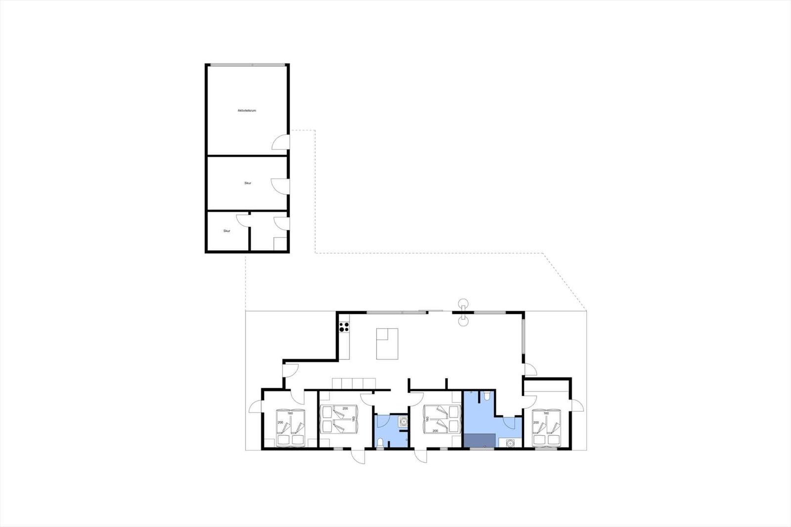 Dieses Haus hat drei Schlafzimmer, eine Küche und zwei Badezimmer. Die Anordnung ist klar dargestellt.