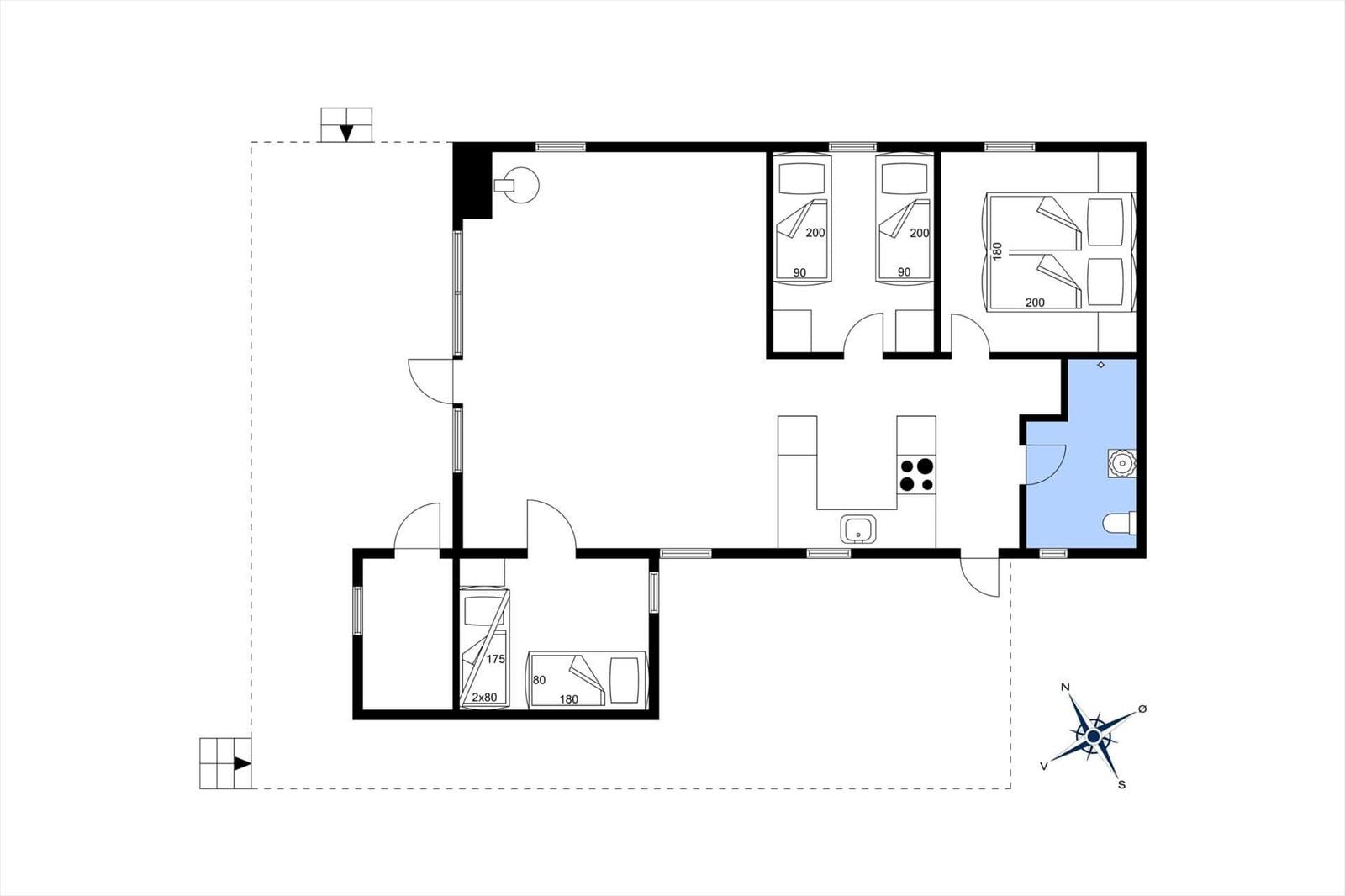 Wohnung mit drei Schlafzimmern, Küche und Bad. Flur mit Garderobe und WC.