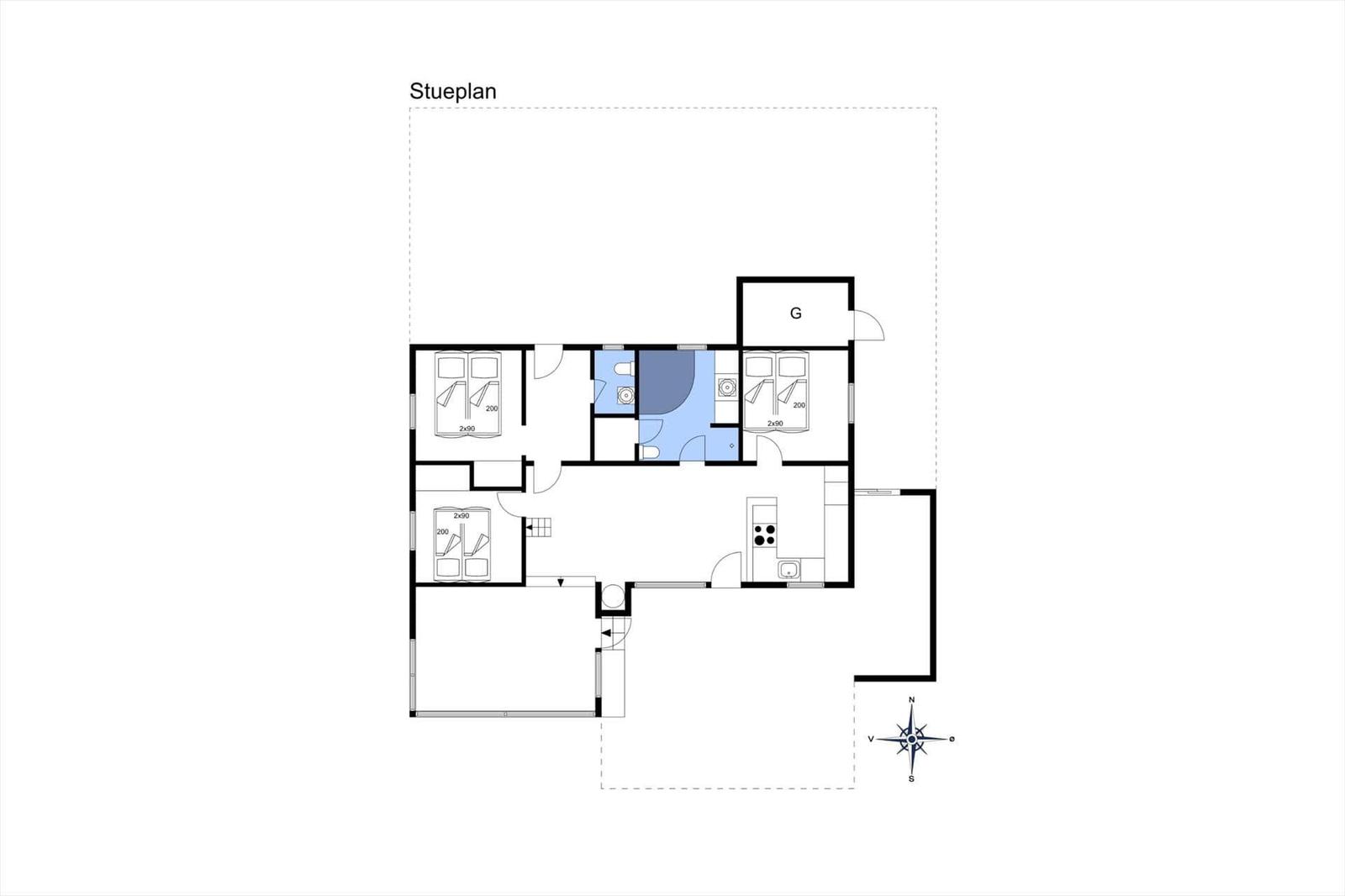 Stueplan zeigt drei Schlafzimmer, Küche, Bad und Wohnbereich mit Gang.