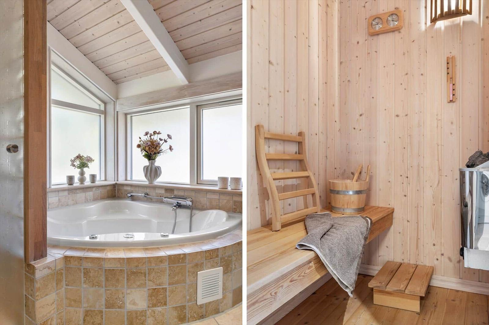 Bad mit Whirlpool und Fenster. Sauna mit Holzbank und Eimer.