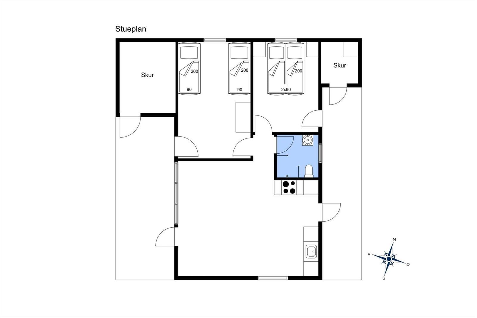 Stueplan zeigt drei Schlafzimmer, zwei Flure und eine Küche mit Bad.
