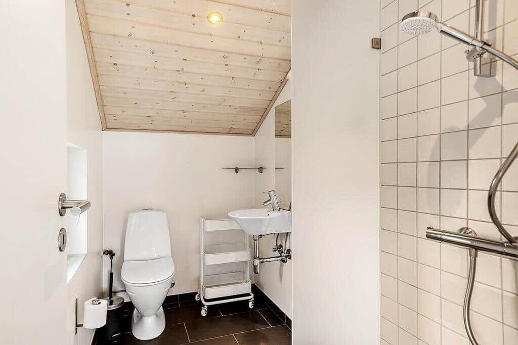 Badezimmer mit Dusche, Toilette und Waschbecken unter Holzdecke.