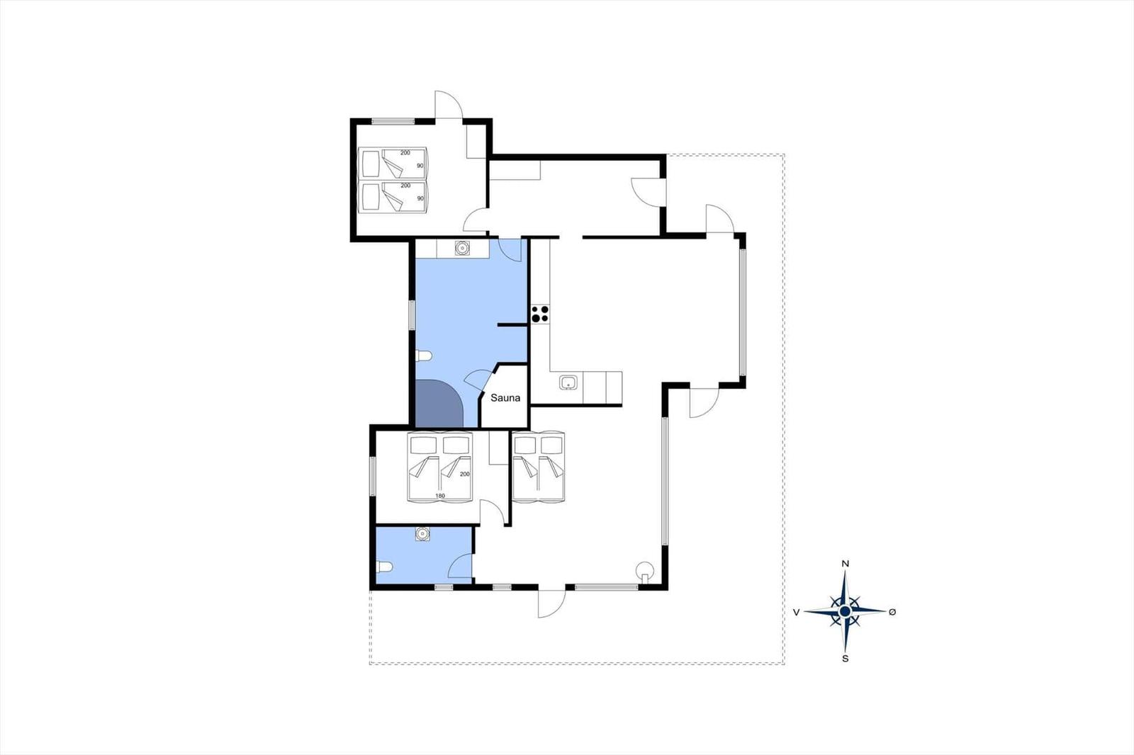 Wohnung mit Sauna, Küche und drei Schlafzimmern. Flur und Badezimmer sind ebenfalls vorhanden.