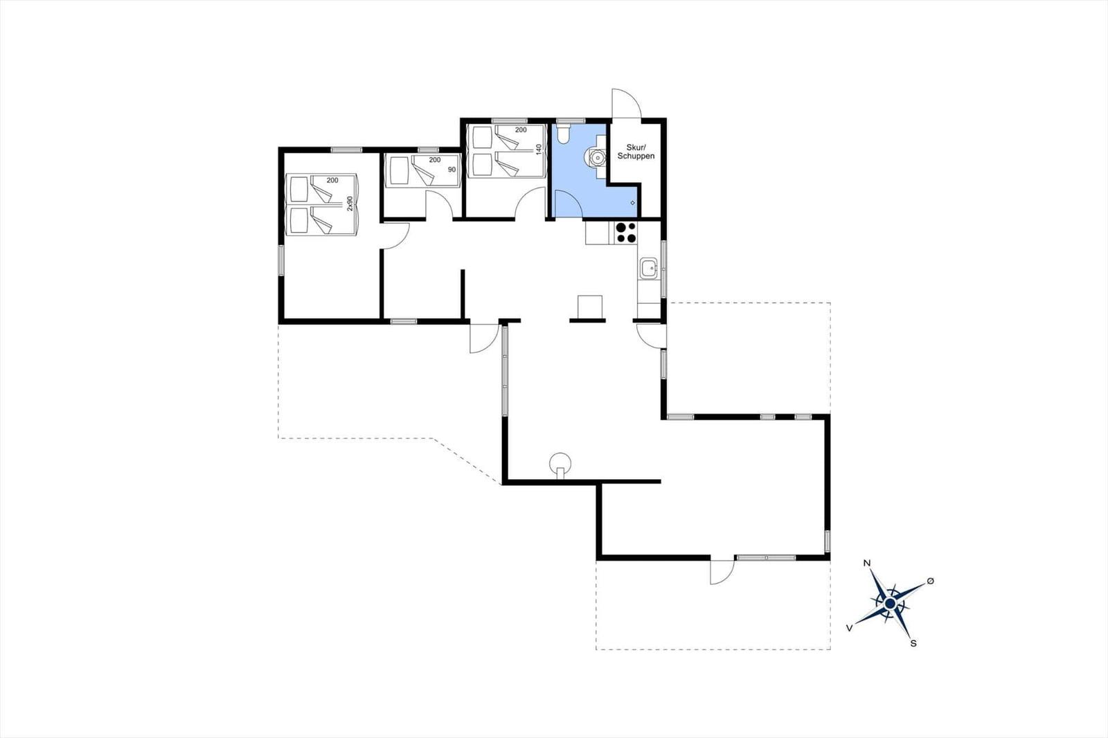 Wohnung mit drei Schlafzimmern, Küche und Bad. Skur/Schuppen vorhanden.