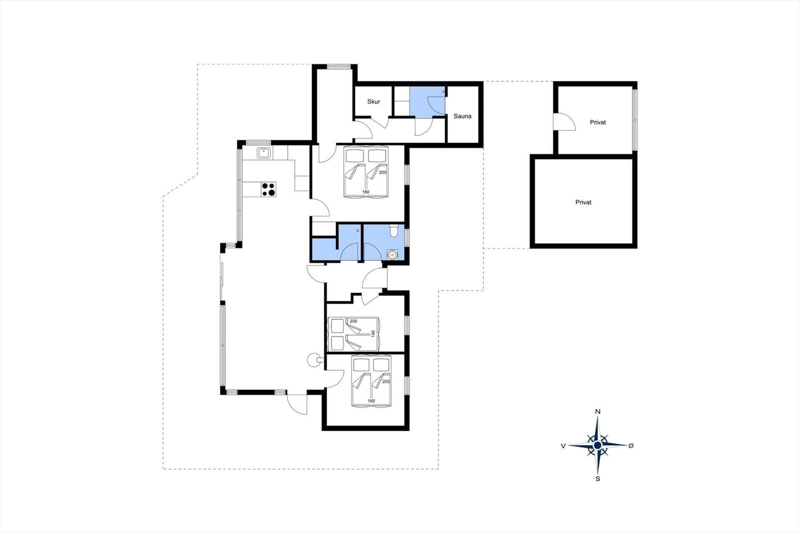 Dieses Grundrissbild zeigt eine Wohnung mit drei Schlafzimmern, Sauna und privaten Räumen.
