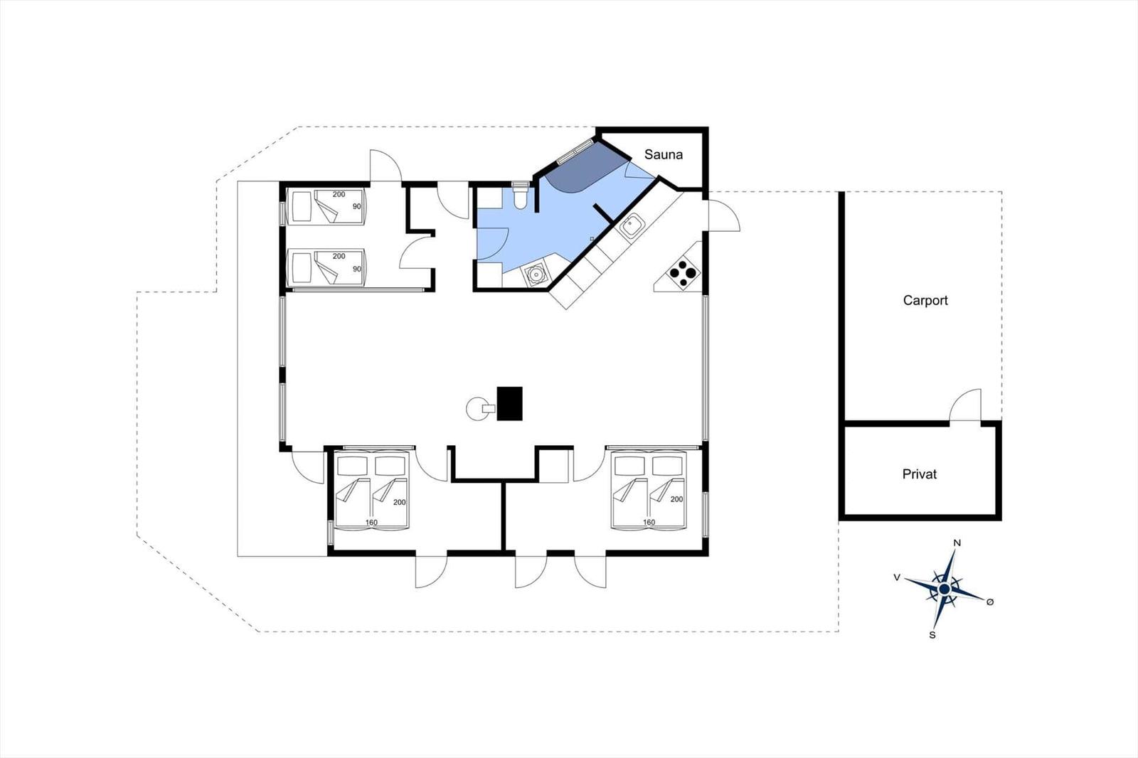 Plan zeigt Sauna, Küche, Schlafzimmer und Carport mit Privatbereich.