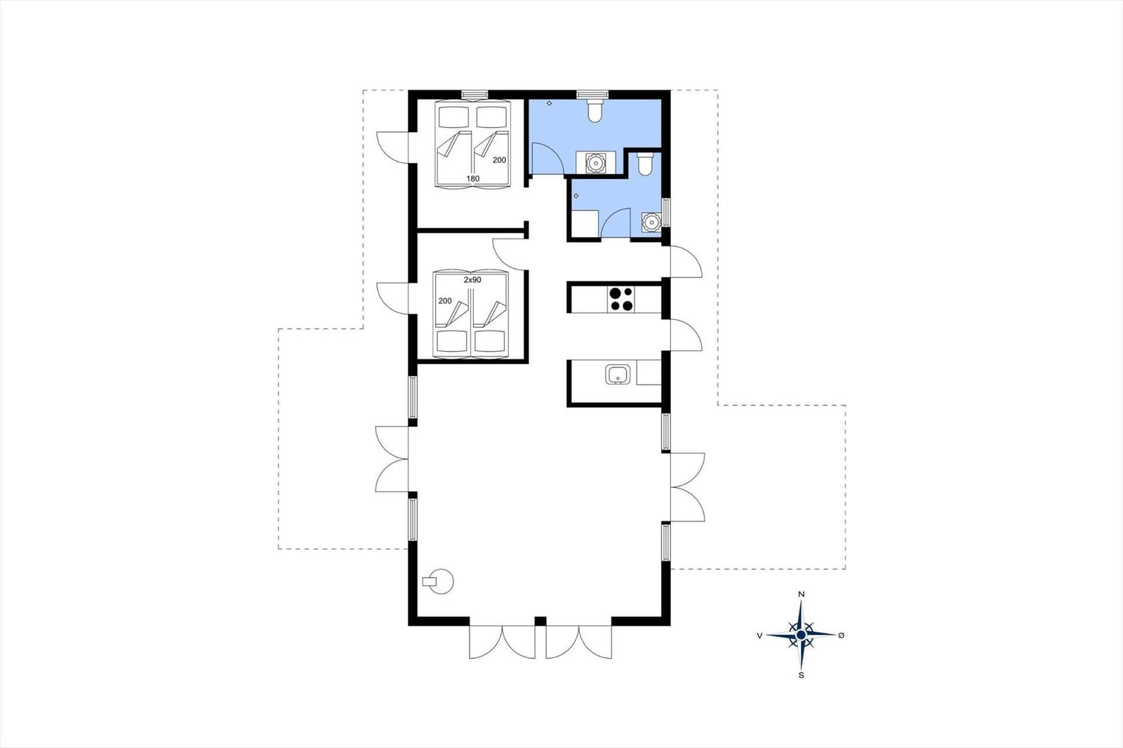 Zwei Schlafzimmer, Küche, Bad und Wohnbereich auf Grundriss.