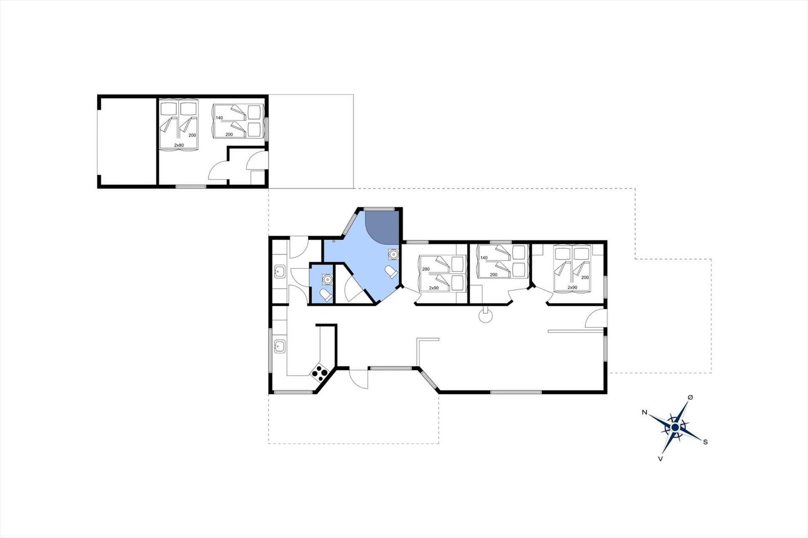 Wohnung mit drei Schlafzimmern, Küche und Bad. Grundriss mit Orientierung.