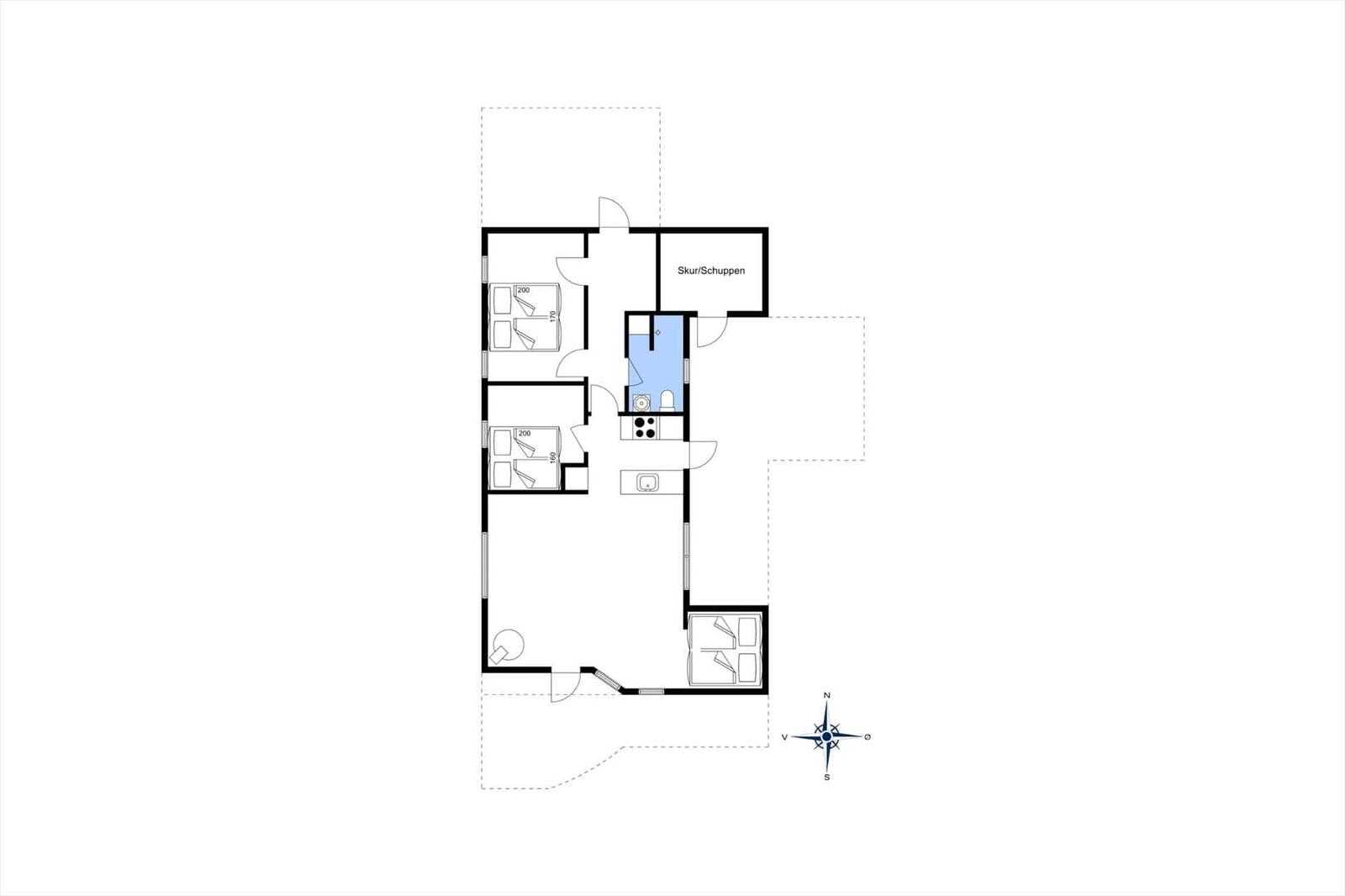 Wohnung mit drei Schlafzimmern, Küche und Bad. Außenbereich mit Garage.