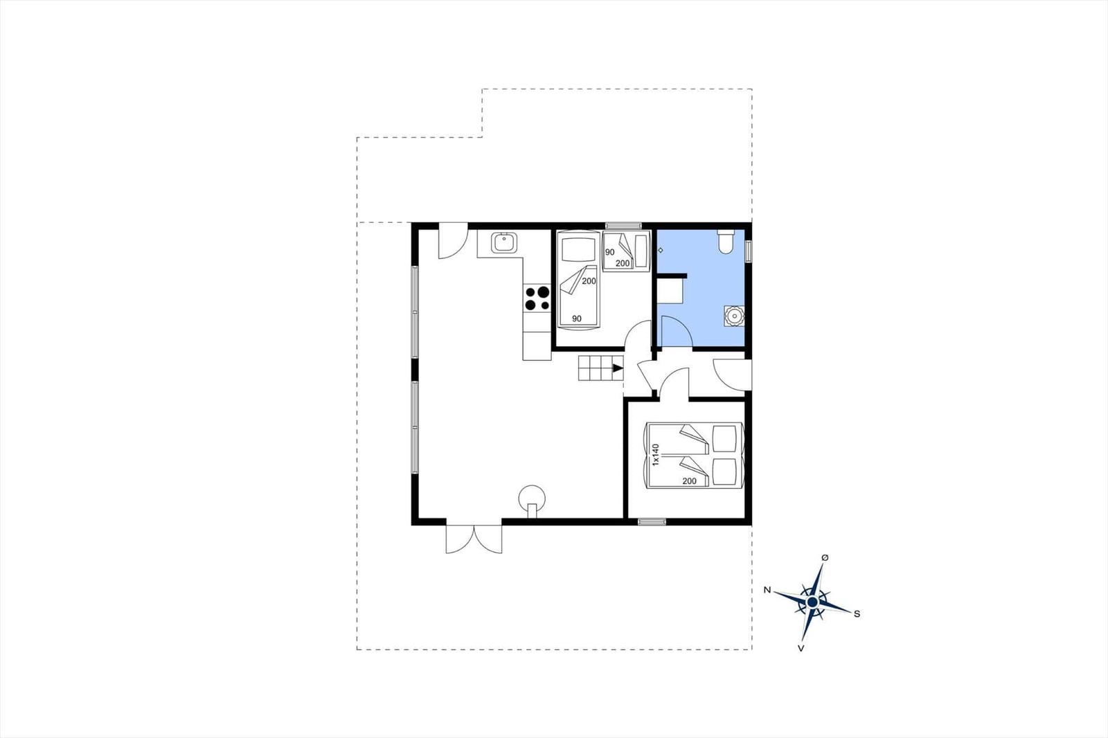 Wohnung mit Küche, Schlafzimmer und Bad. Raumverteilung mit Kompass.