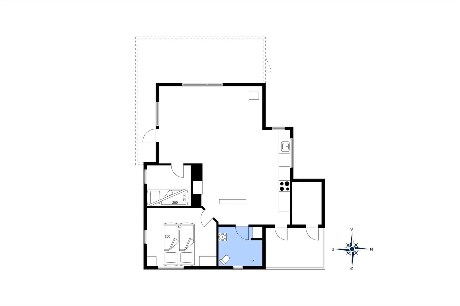 Wohnung mit zwei Schlafzimmern, Küche und Bad. Raumplan mit Orientierung.