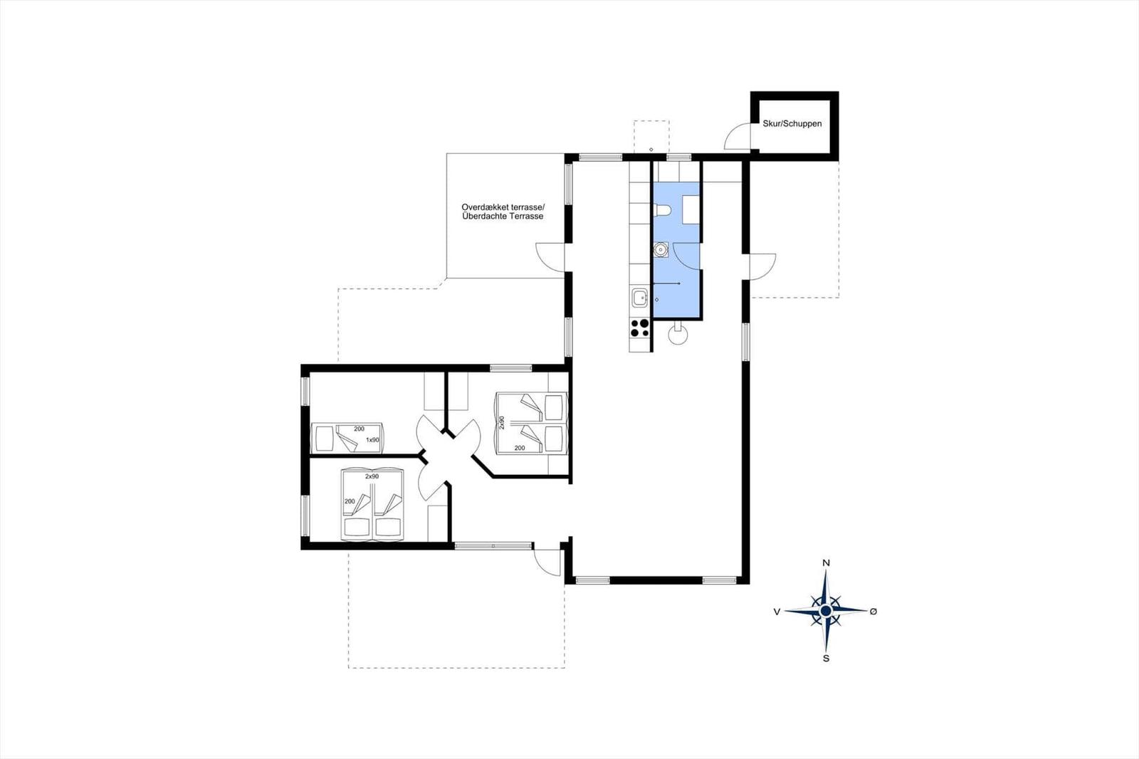 Wohnung mit drei Schlafzimmern, Küche, Bad und überdachter Terrasse.