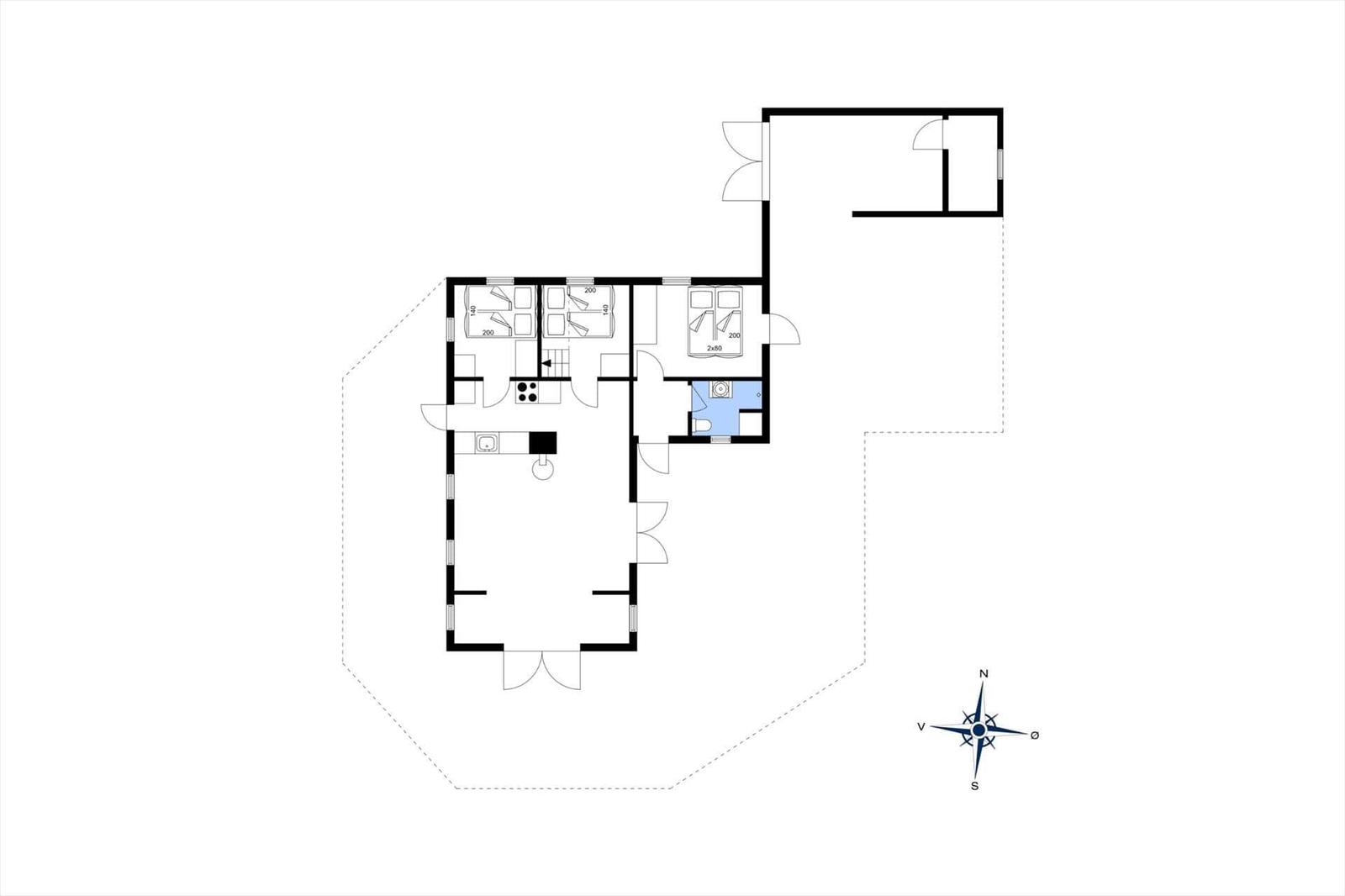 Grundriss einer Wohnung mit Küche, Schlafzimmer und Bad.