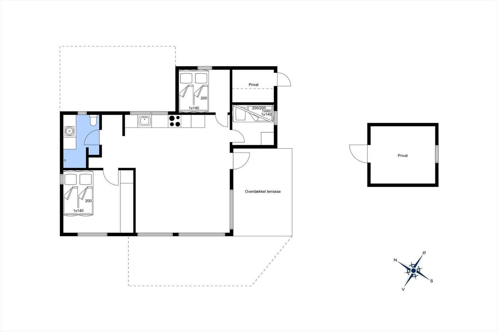 Zwei Schlafzimmer, Küche, Bad und überdachte Terrasse mit Kompass