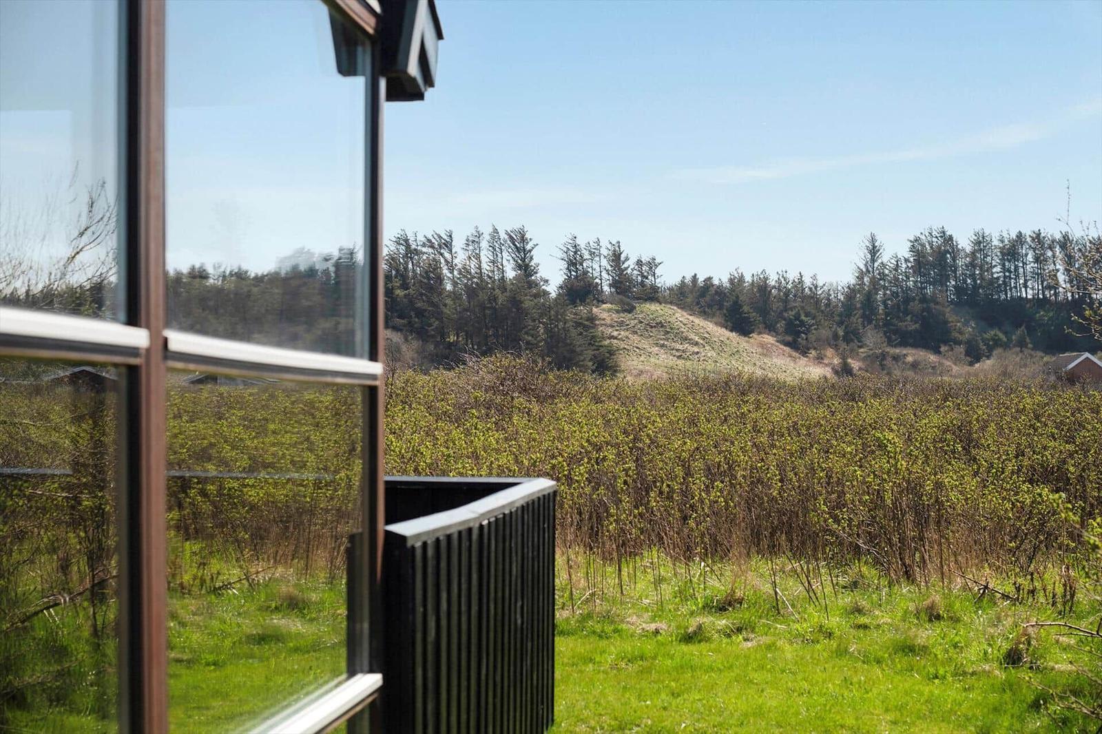 Von der Terrasse bietet sich ein Blick auf eine grüne Landschaft mit Bäumen und einem Hügel.