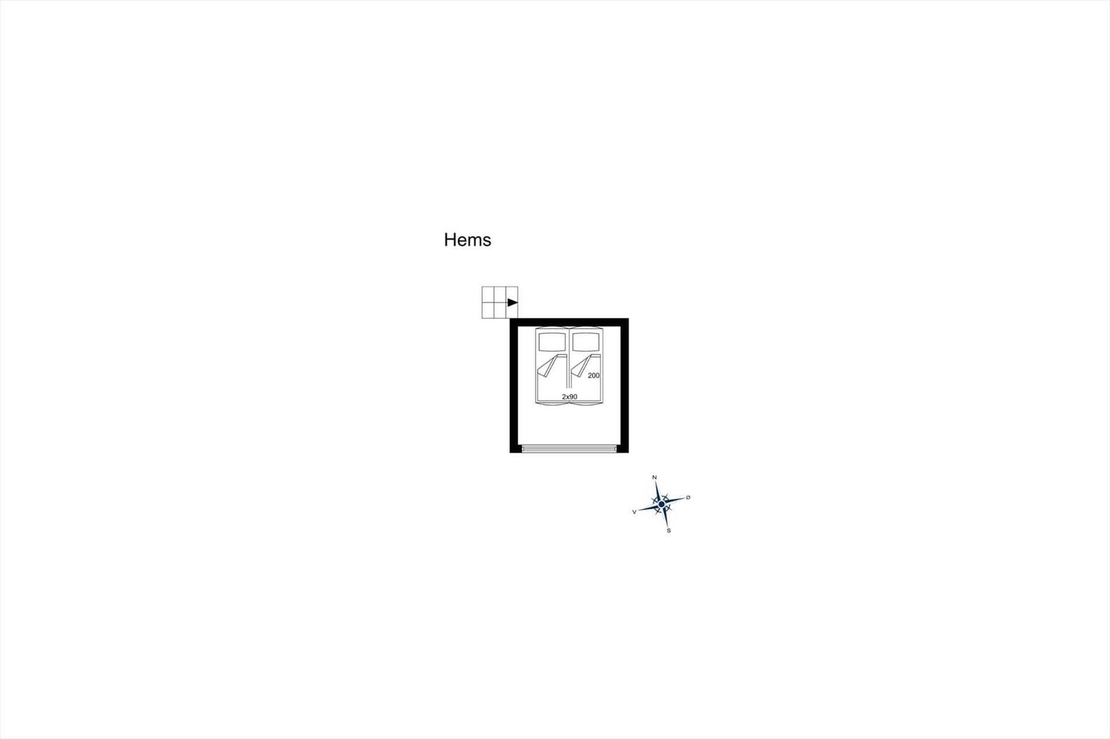 Hems: Raum mit Fenster und Kompass. Maßangaben 2x90 und 200.