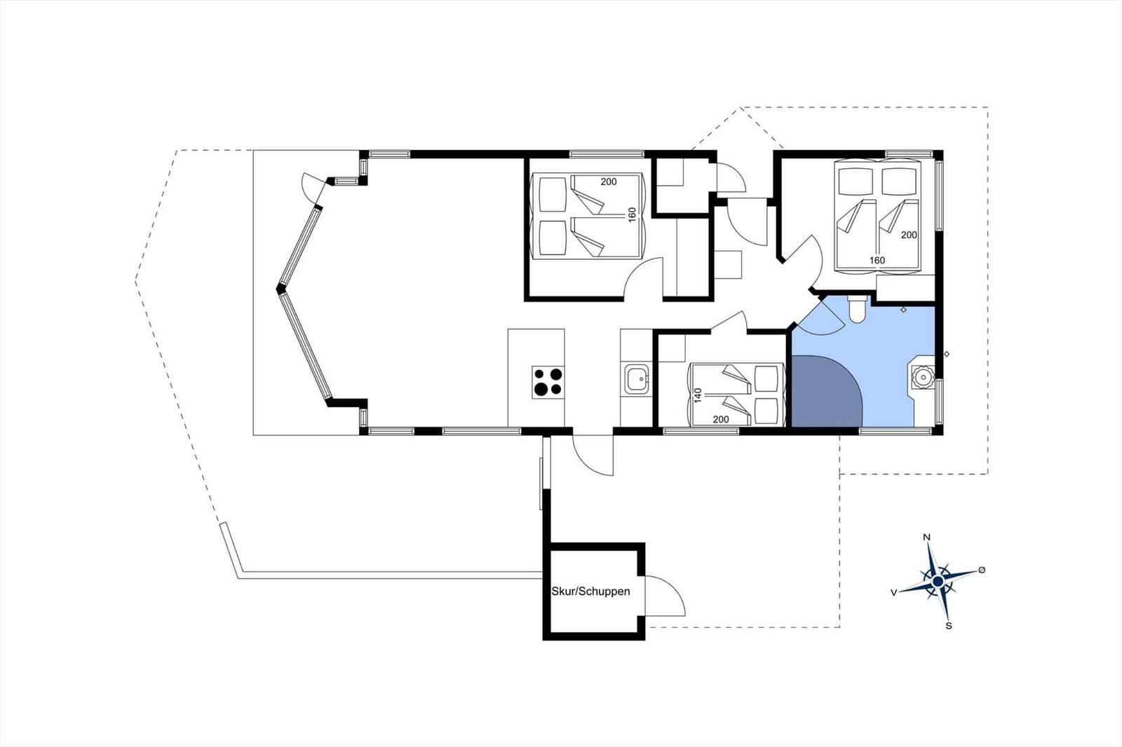Übersichtsplan einer Wohnung mit drei Schlafzimmern, Küche und Bad.