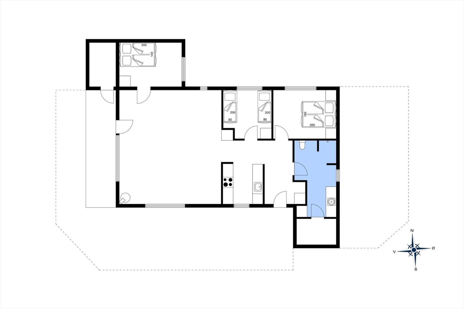 Funktionaler Grundriss mit Küche, Schlafzimmer und Bad.