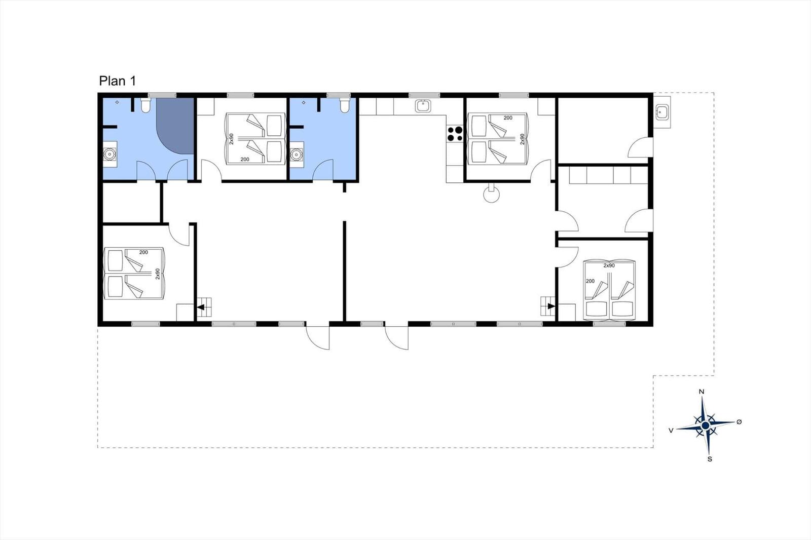 Floor plan shows living area with kitchen, three bedrooms and two bathrooms.