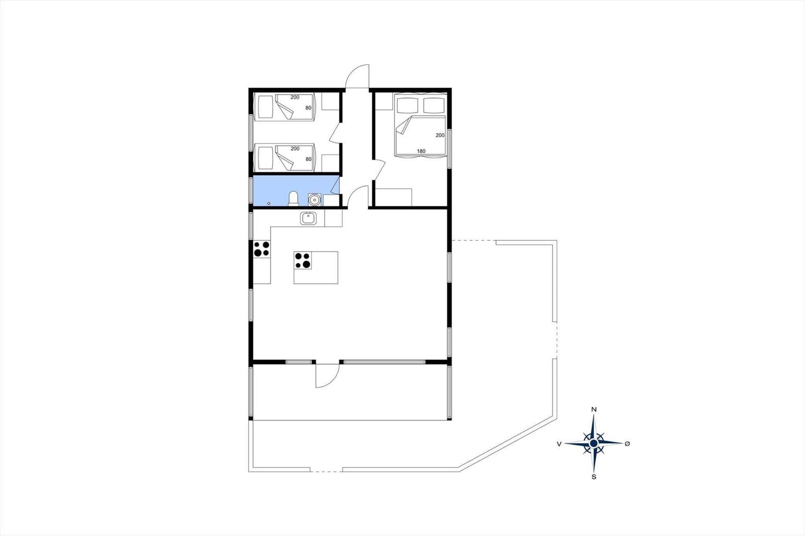 Zwei Schlafzimmer, Küche und Bad in der Wohnung. Richtung Nord.