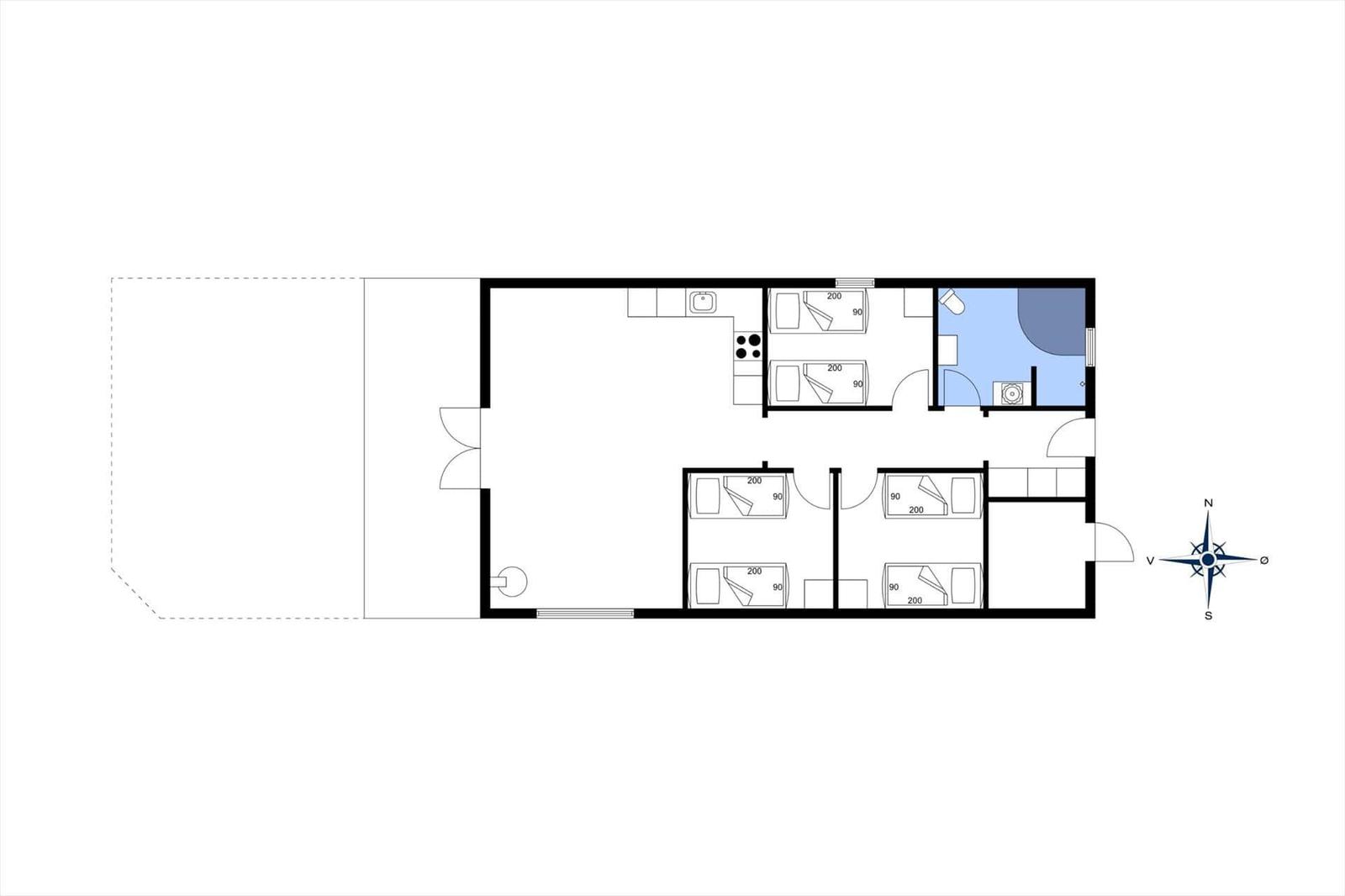 This is a floor plan of an apartment with kitchen, bedrooms, and bathroom.