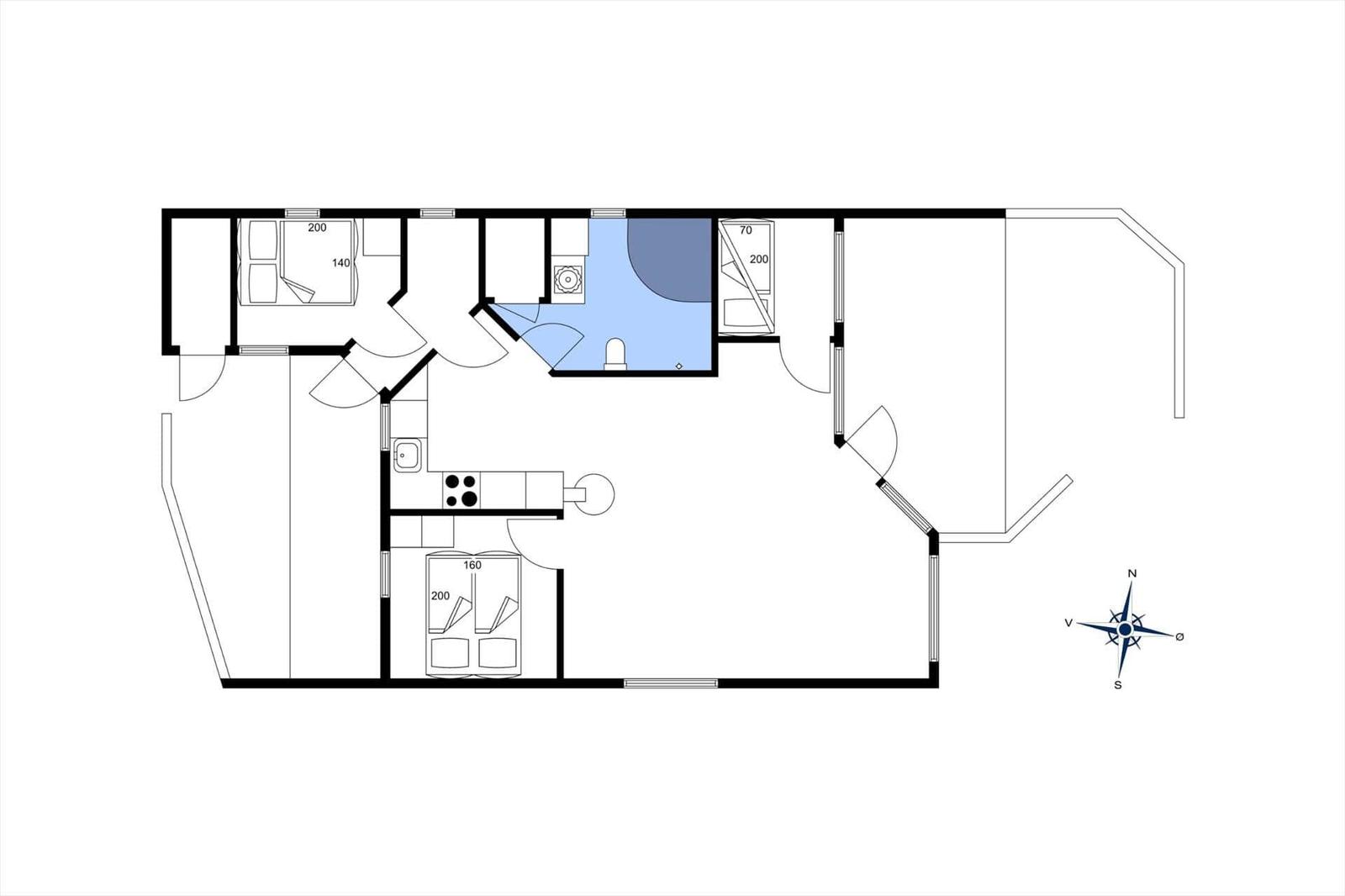 Apartment with three bedrooms, kitchen, and bathroom. Hallway with stairs.