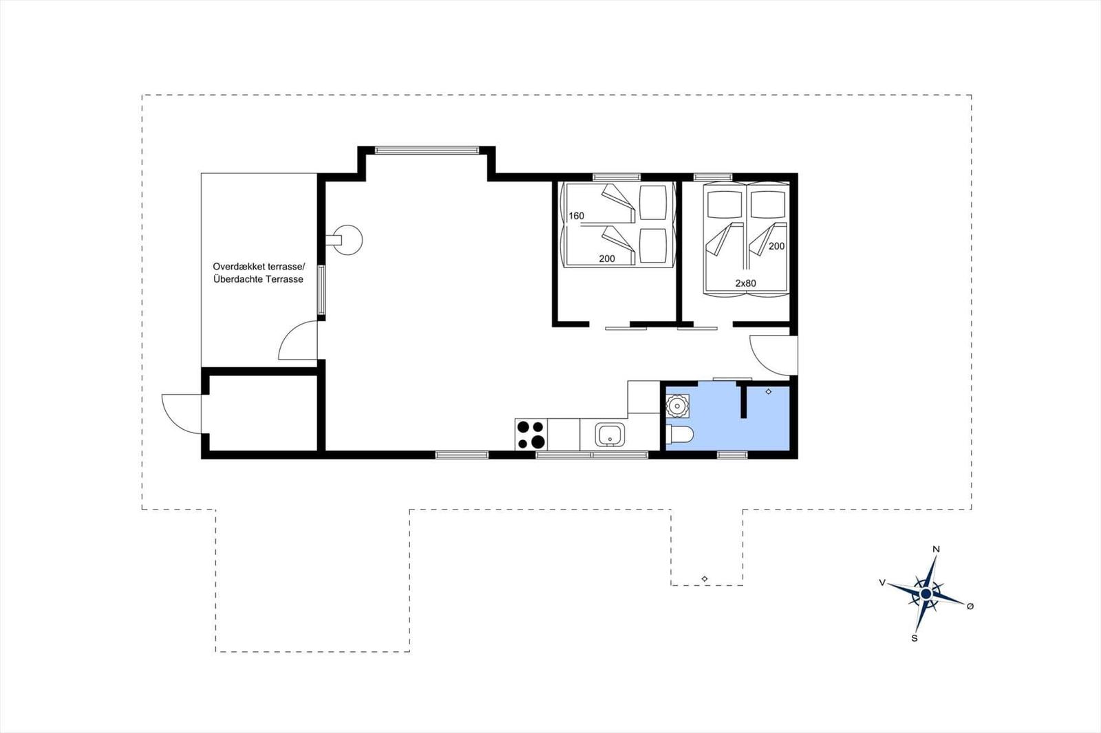 Covered terrace, kitchen, bathroom, and two bedrooms with beds.