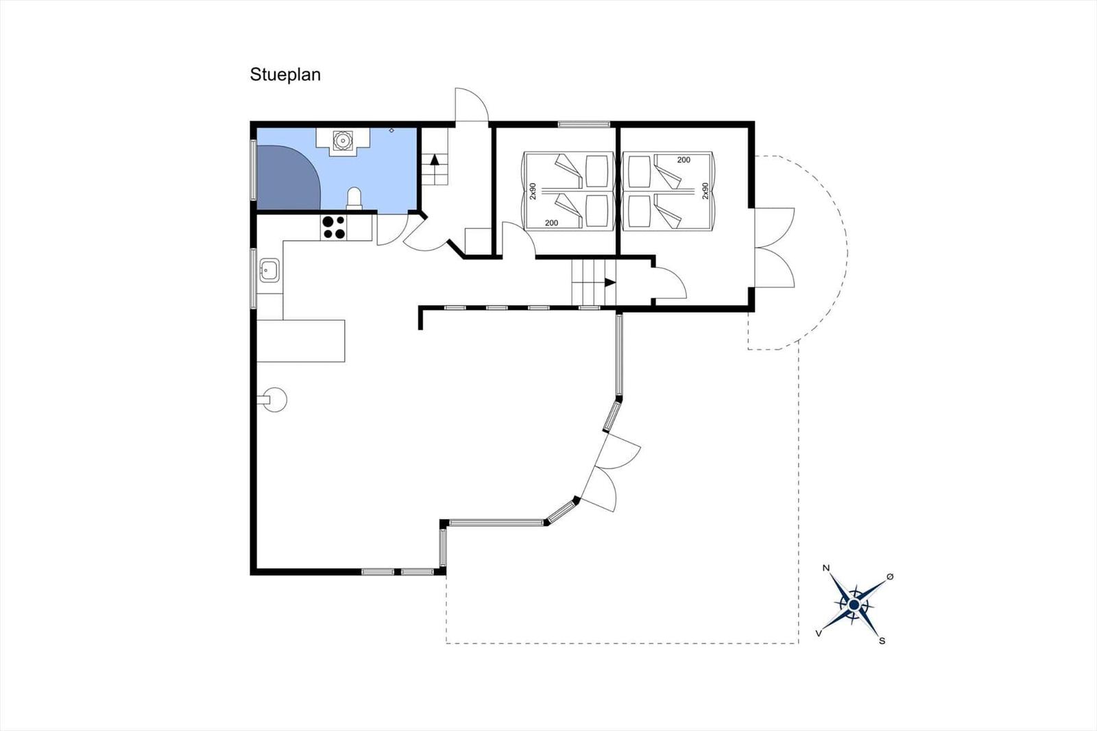 Floor plan shows living area, kitchen, bathroom, and two bedrooms with beds.