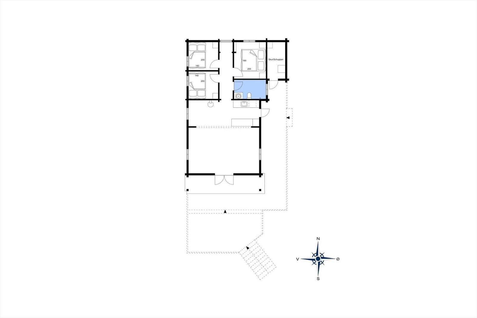 Ground floor plan with bedrooms, bathroom, and garage.