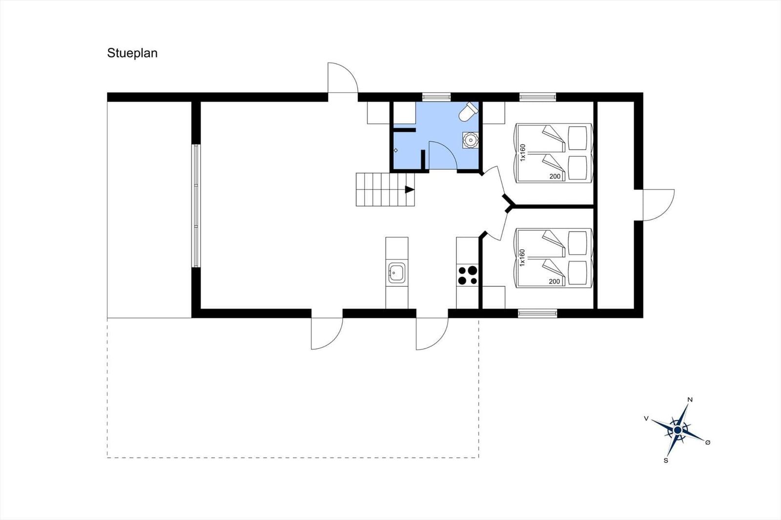Stueplan zeigt zwei Schlafzimmer, Küche, Bad und Treppenhaus.