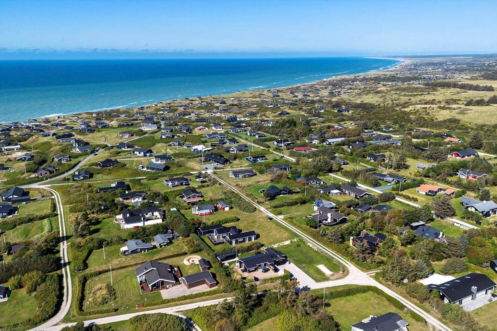 Aerial view of coastal village with houses, greenery, and ocean shoreline.