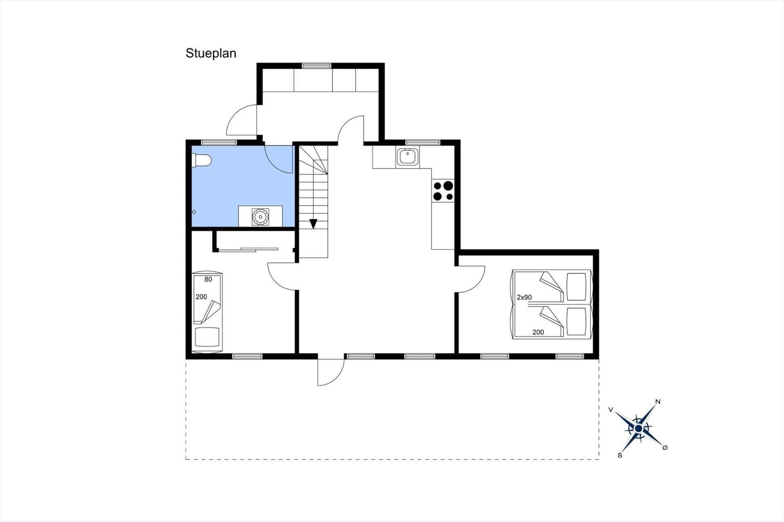 Floor plan shows living area, kitchen, bathroom, and bedrooms with furniture.