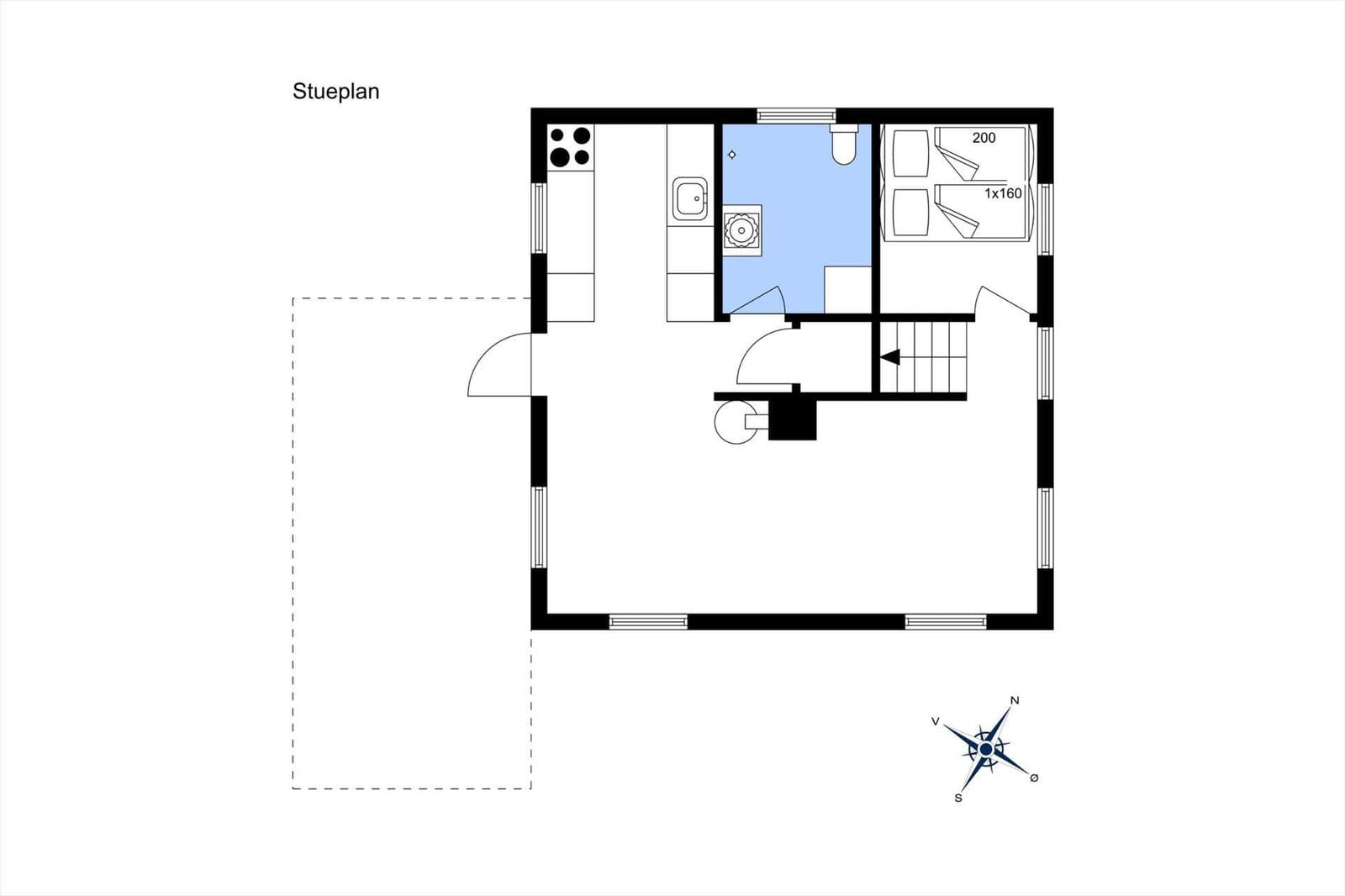 Floor plan shows kitchen, bathroom, bedroom, and staircase.